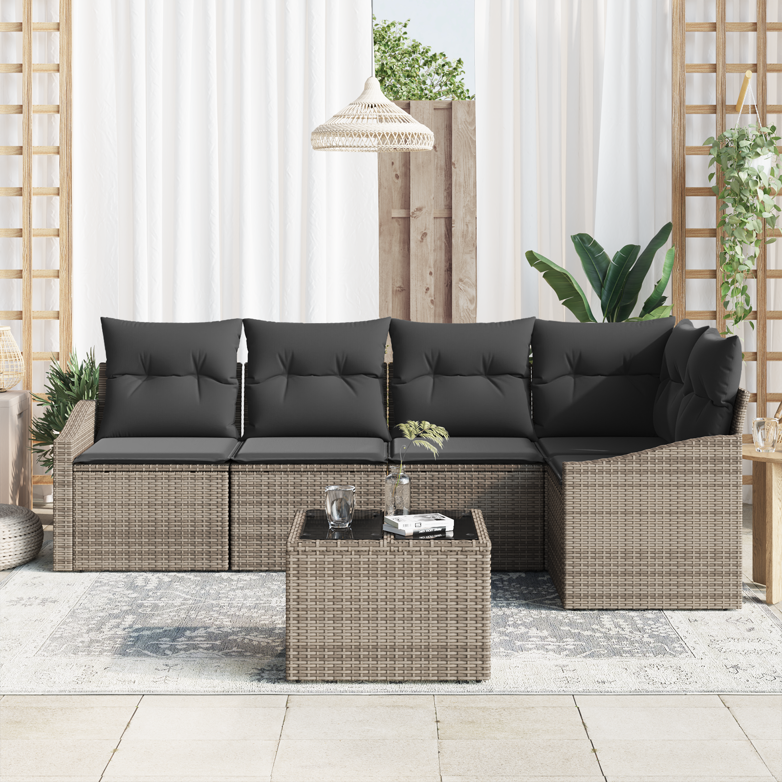 vidaXL 5-delige Tuinbankenset met kussens poly rattan zwart