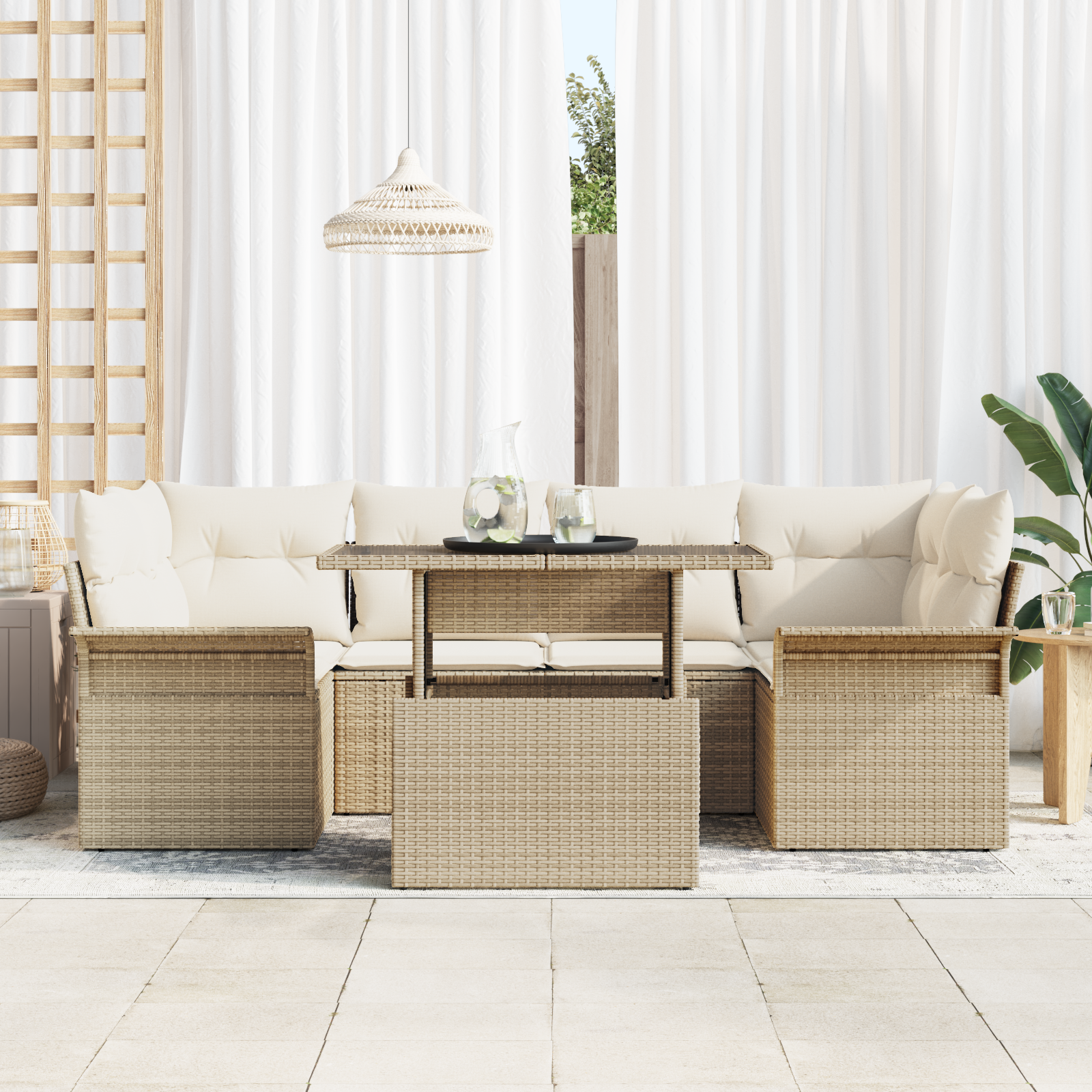 vidaXL 7-delige Tuinbankenset met kussens poly rattan beige