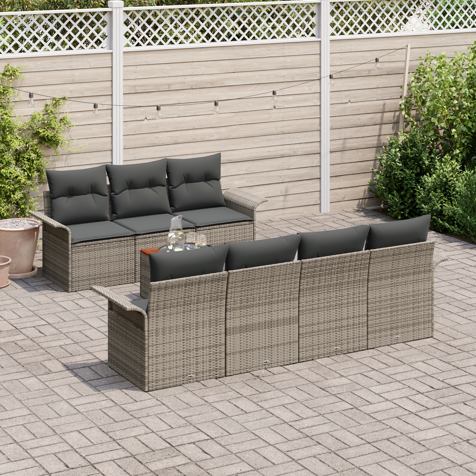 vidaXL 8-delige Tuinbankenset met kussens poly rattan acaciahout grijs