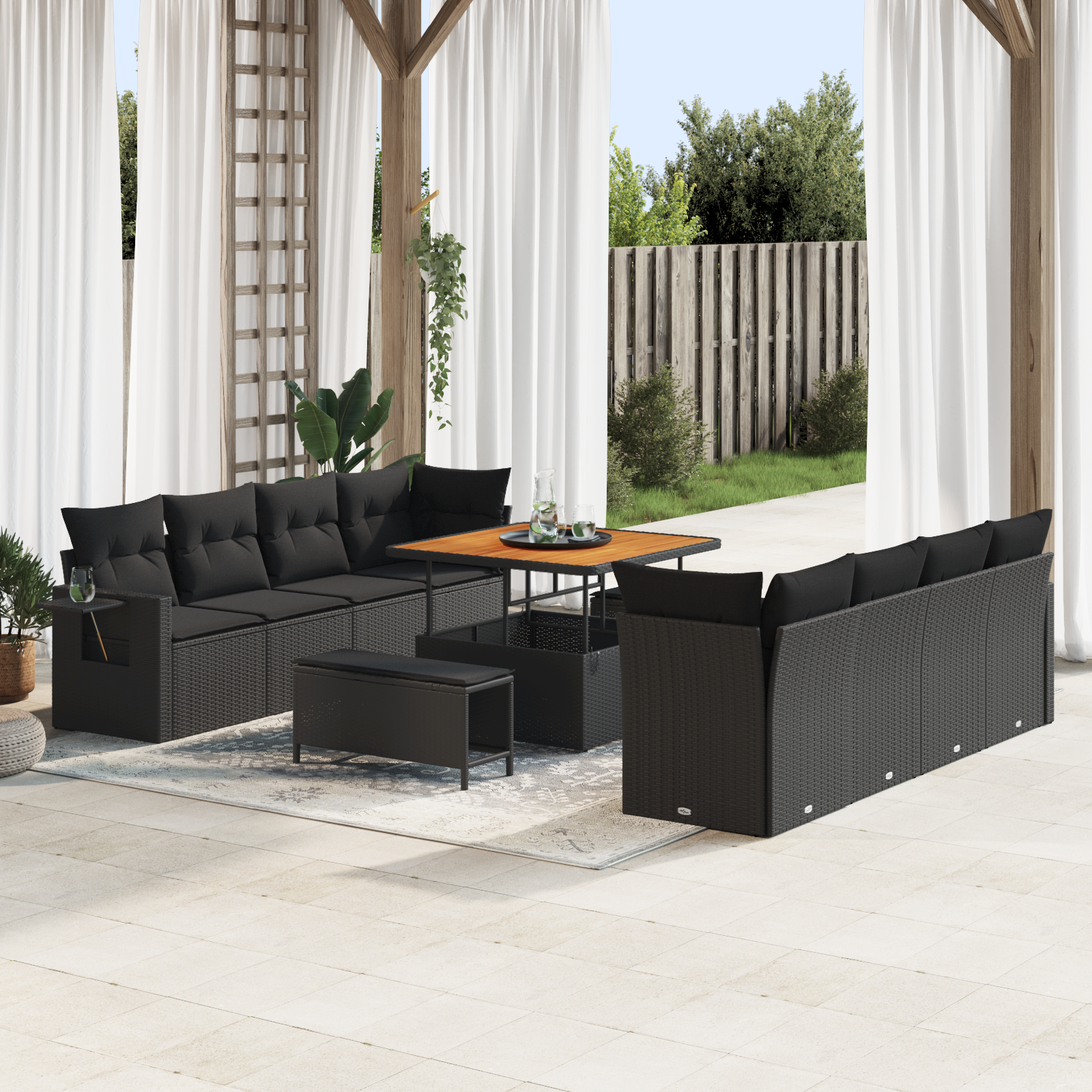 vidaXL 11-delige Tuinbankenset met kussens poly rattan acacia zwart