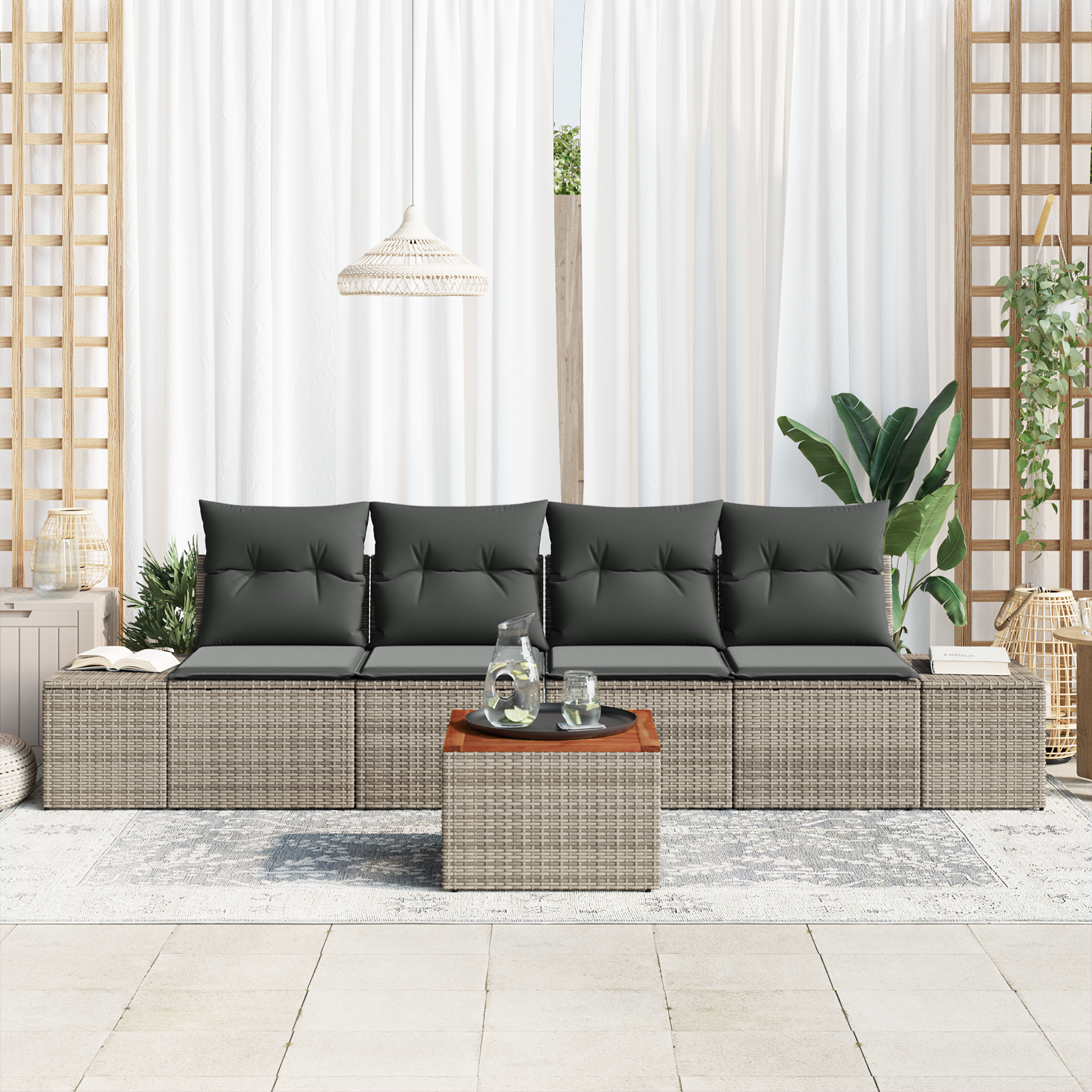 vidaXL 5-delige tuinset met kussens, grijs poly rattan en acacia