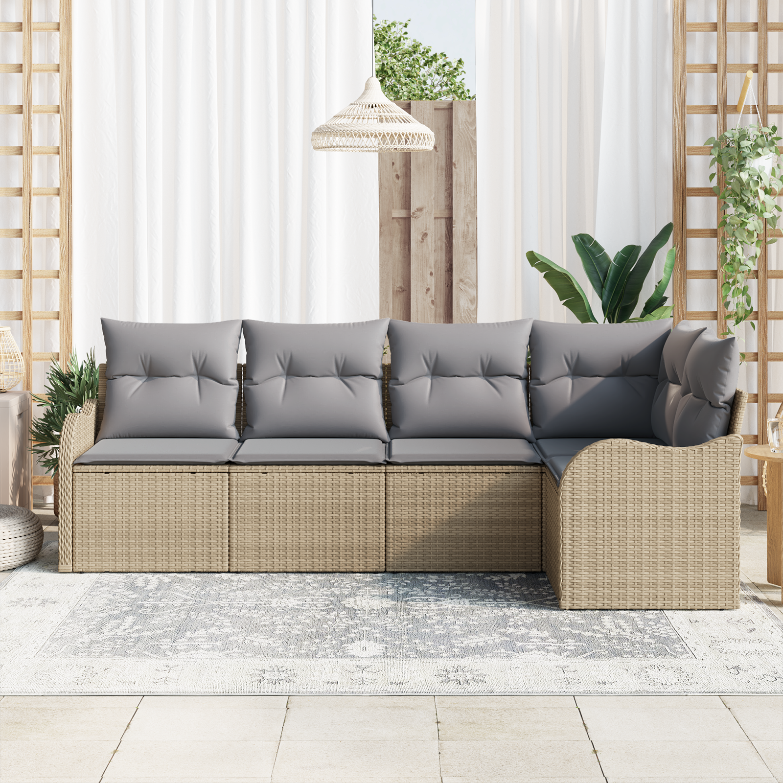 vidaXL 5-delige tuinset met kussens in beige poly rattan