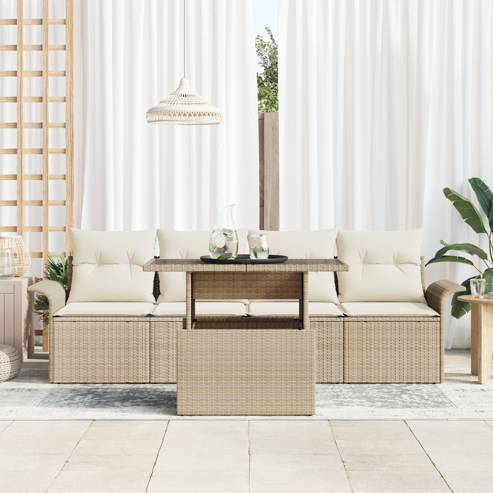 vidaXL 5-delige Tuinbankenset met kussens poly rattan beige