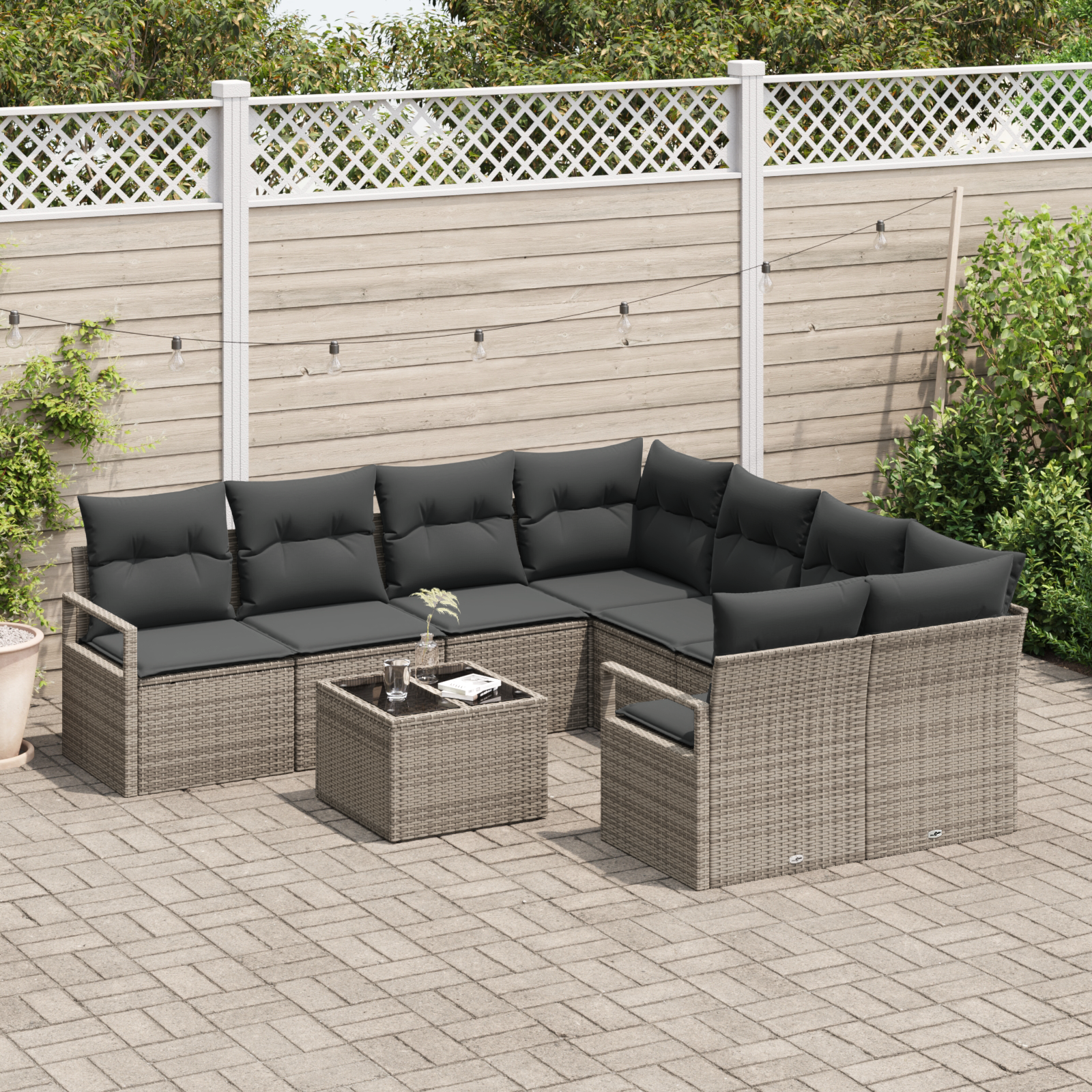 vidaXL 9-delige Tuinbankenset met kussens poly rattan grijs