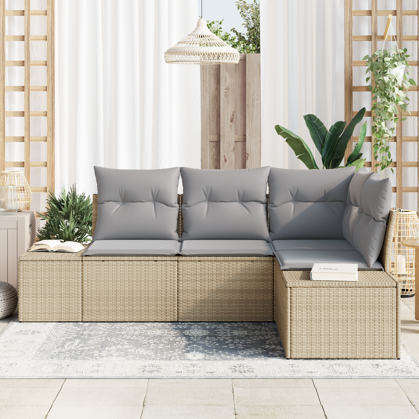 vidaXL 4-delige Tuinbankenset met kussens poly rattan beige