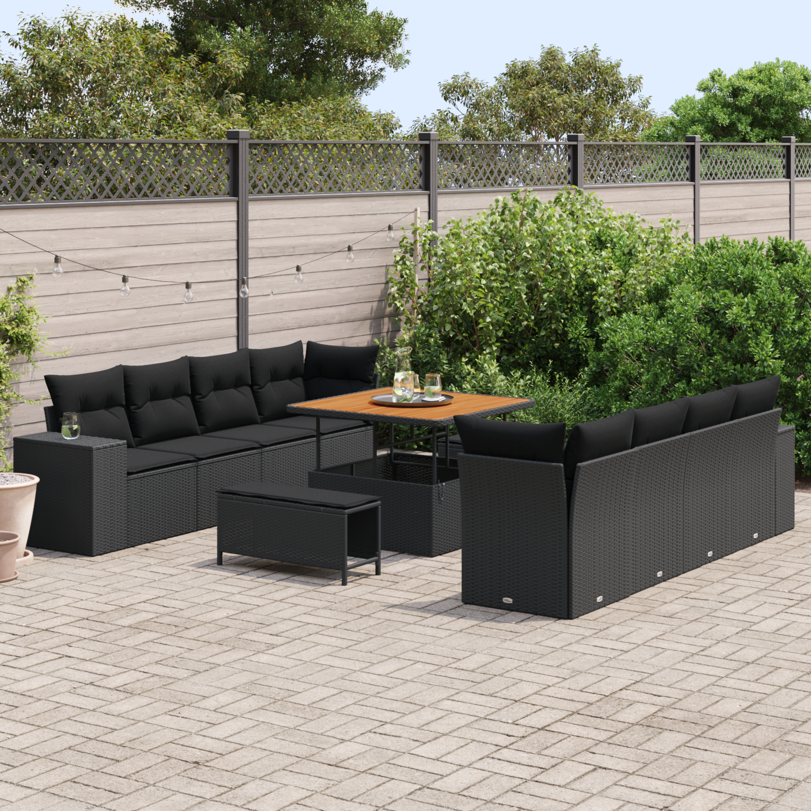 vidaXL 11-delige Tuin Sofa Set met Kussens Zwart Poly Rattan Acacia