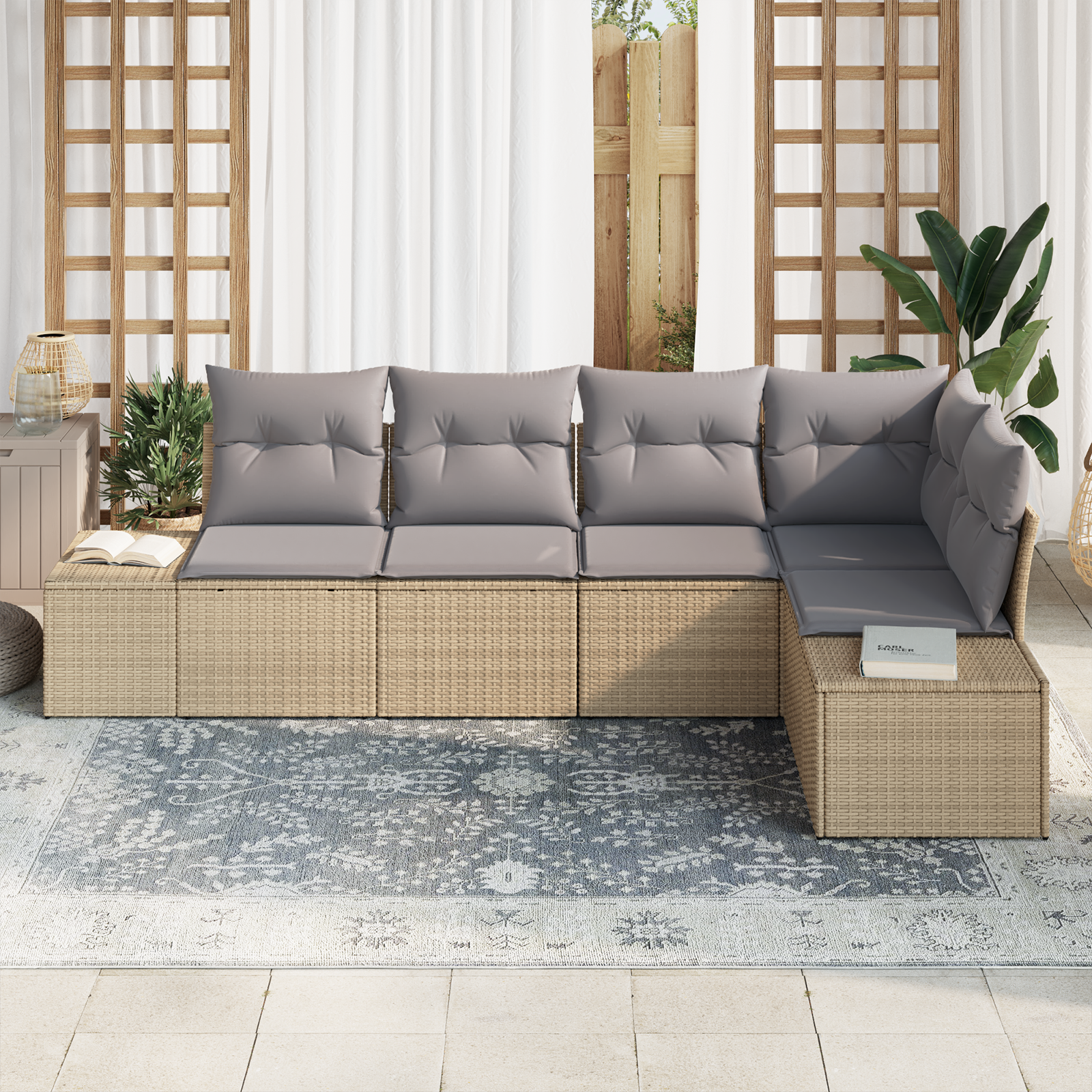 vidaXL 5-delige Tuinbankenset met kussens poly rattan beige