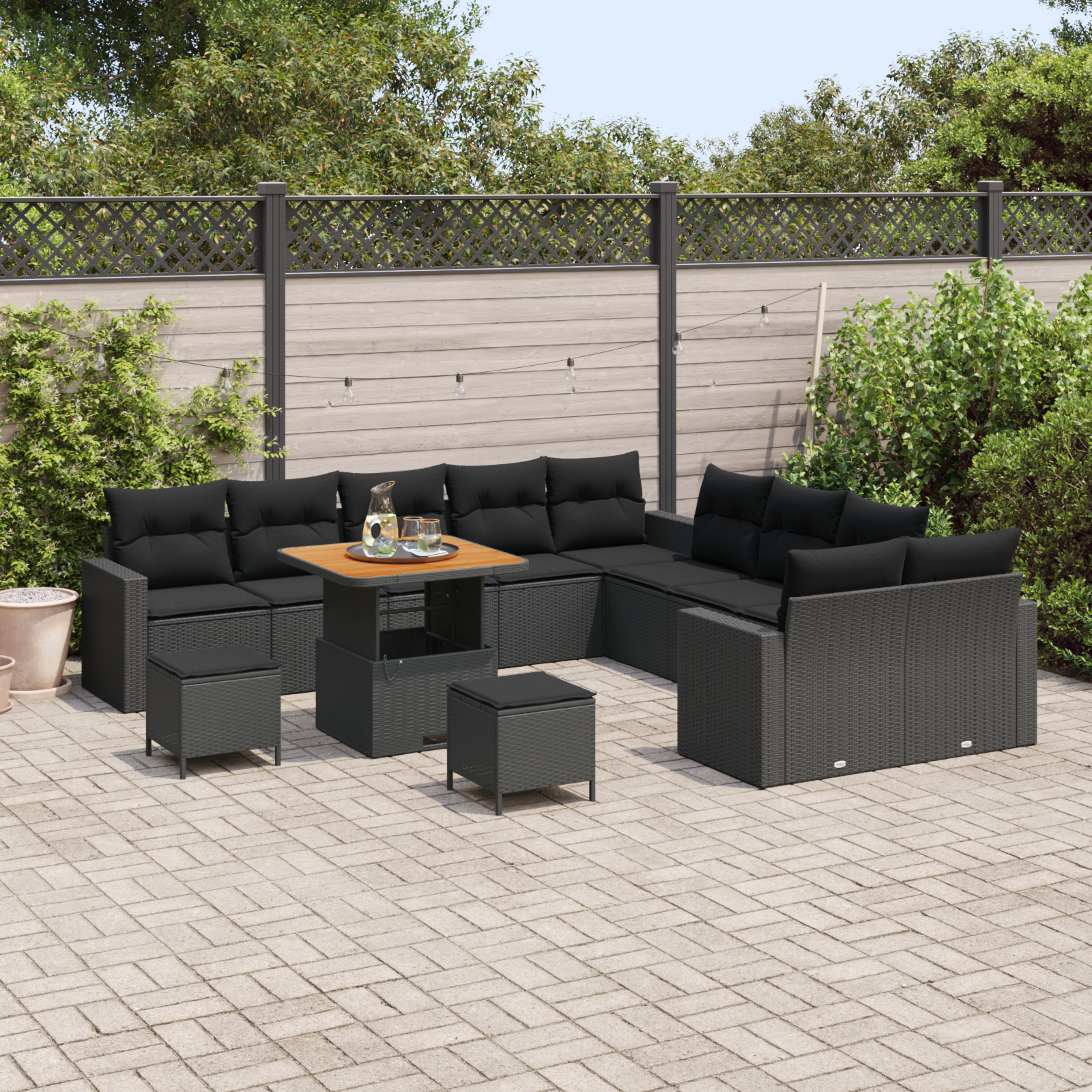 vidaXL 13-delige tuinset met kussens in zwart poly riet en acacia