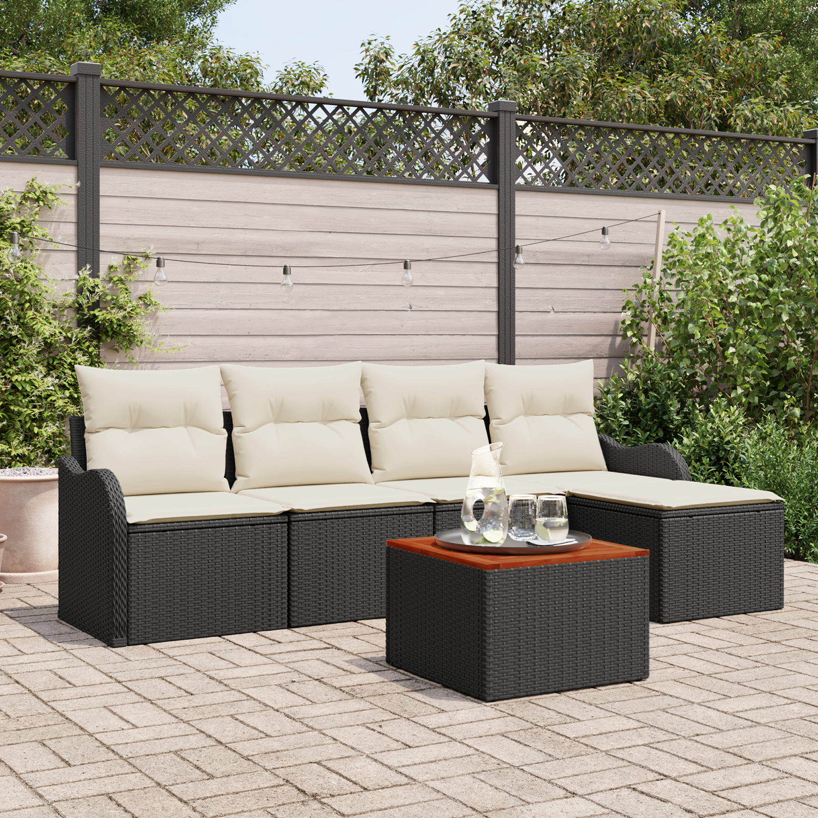 vidaXL 6-delige tuinset met kussens - Zwart Poly Rattan en Acaciahout