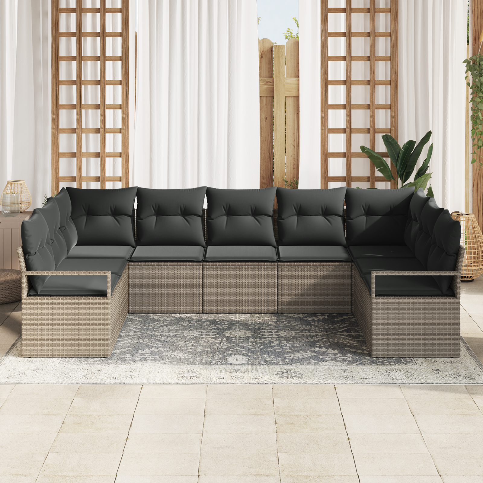 vidaXL 9-delige Tuinbankenset met kussens poly rattan grijs