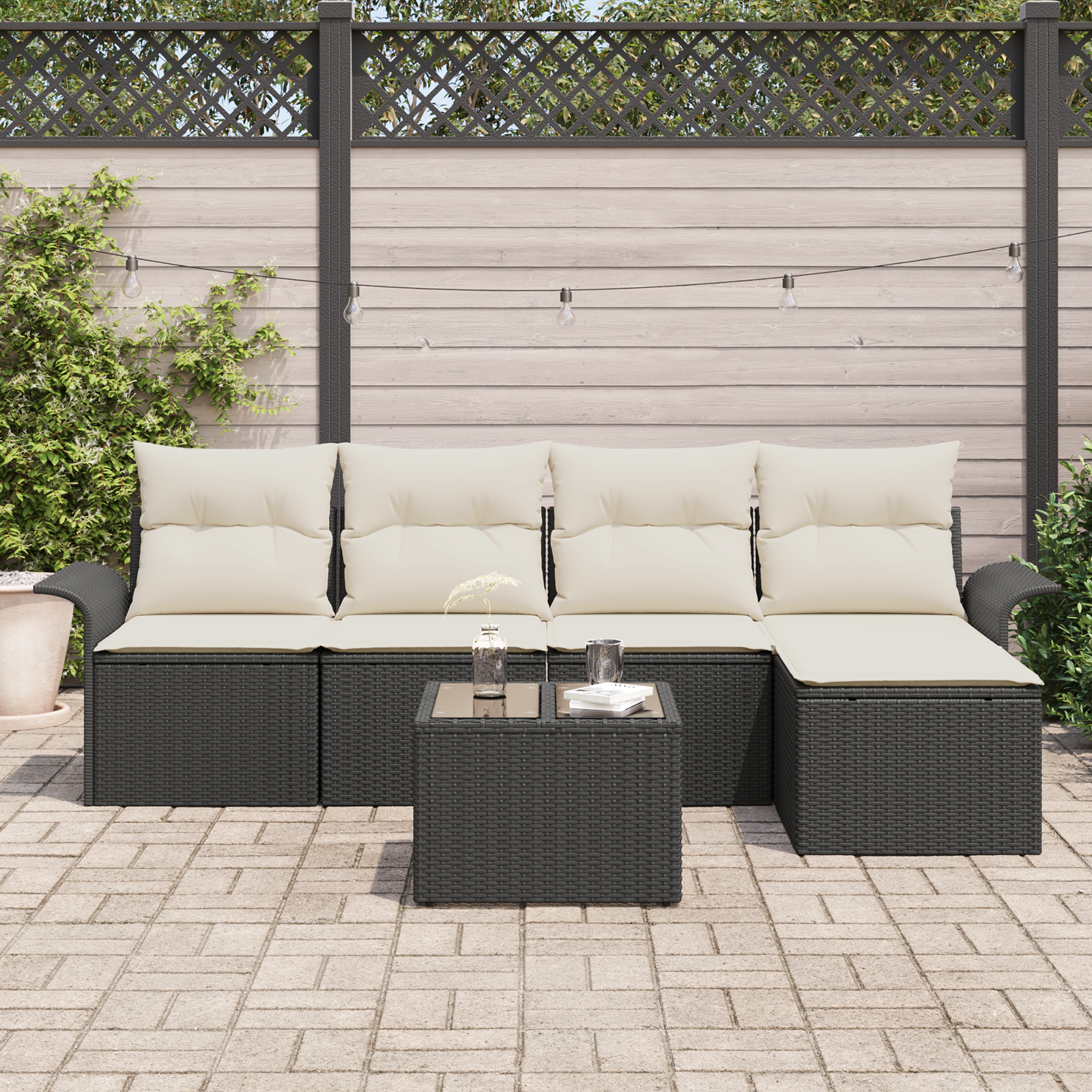 vidaXL 5-delige Tuinbankenset met kussens poly rattan bruin