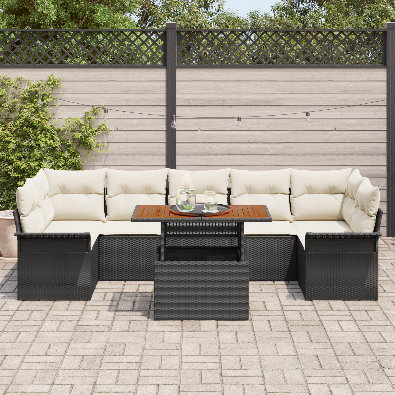 vidaXL 8-delige tuinset met kussens Zwart Poly Rattan Acacia