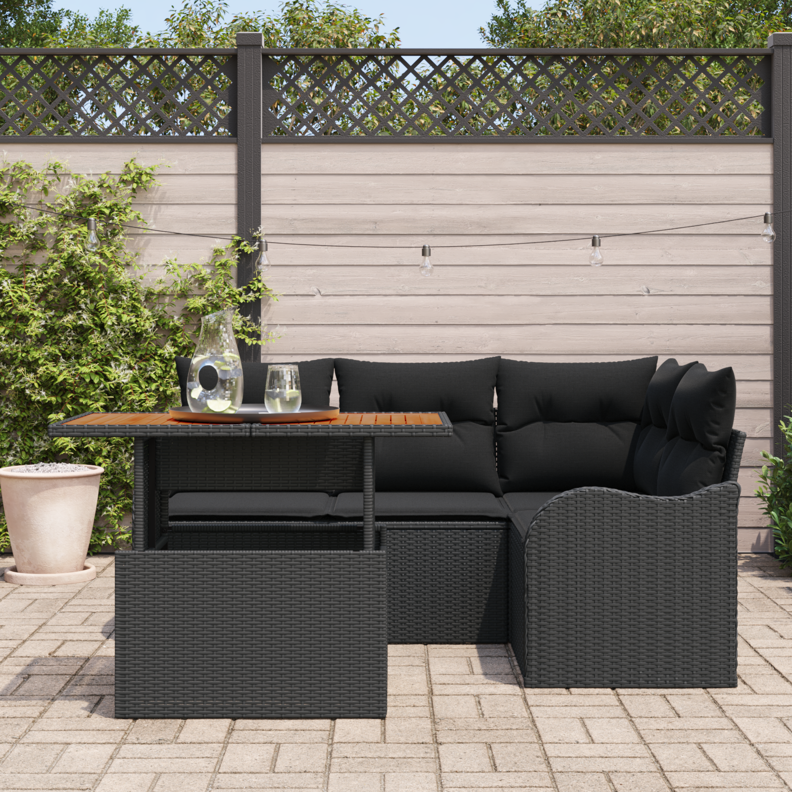 vidaXL 5-delige tuinset met kussens zwart poly rattan acacia