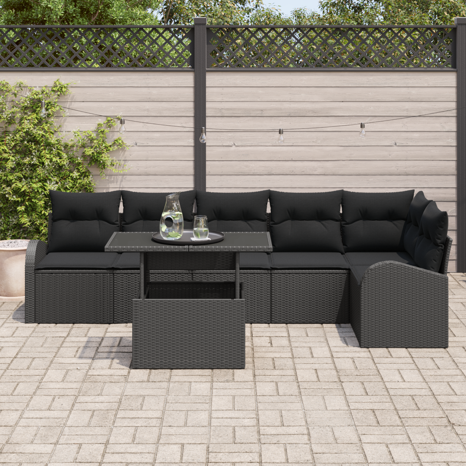 vidaXL 7-delige Tuinbankenset met kussens poly rattan zwart