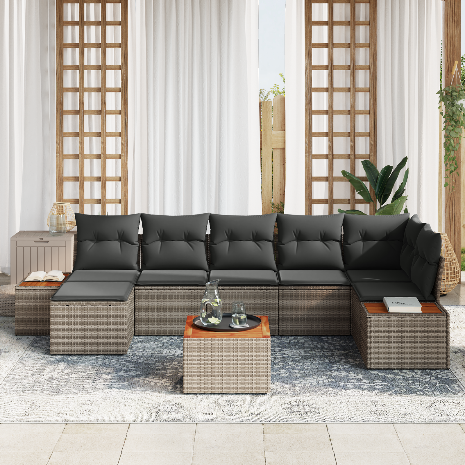 vidaXL 8-delige tuinset met kussens Grijs Poly Rattan Acacia