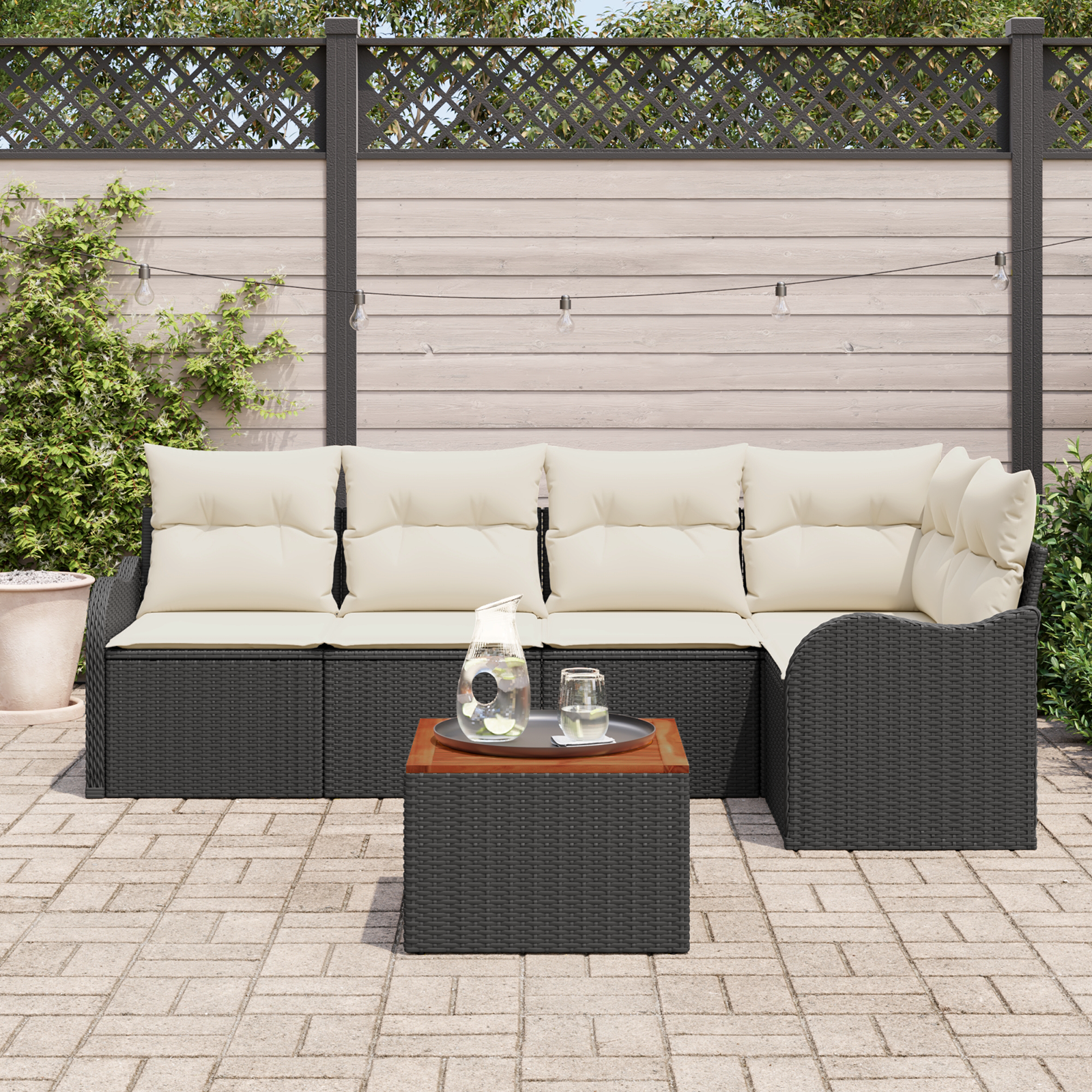 vidaXL 6-delige Tuinbankenset met kussens poly rattan acacia zwart