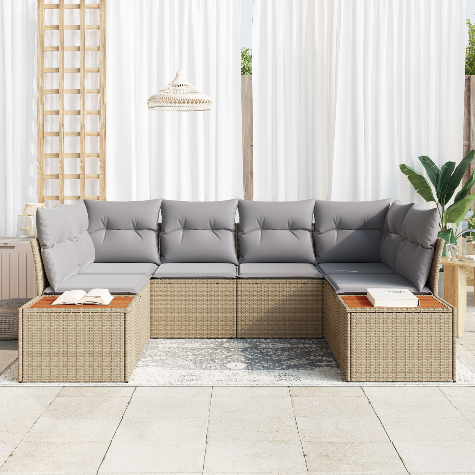 vidaXL 6-delige ligbedden set met kussens Beige Poly Rattan Acacia