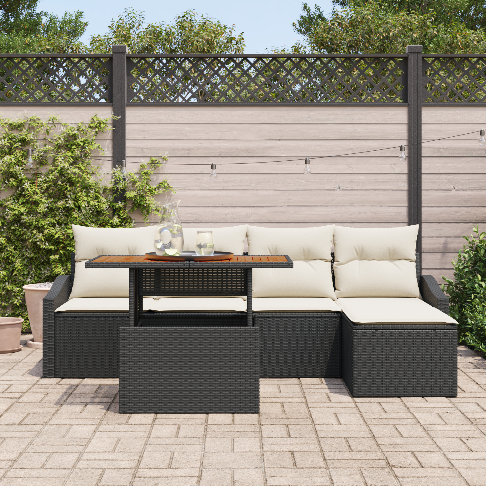 vidaXL 6-delige tuinset met kussens zwart poly rattan acacia