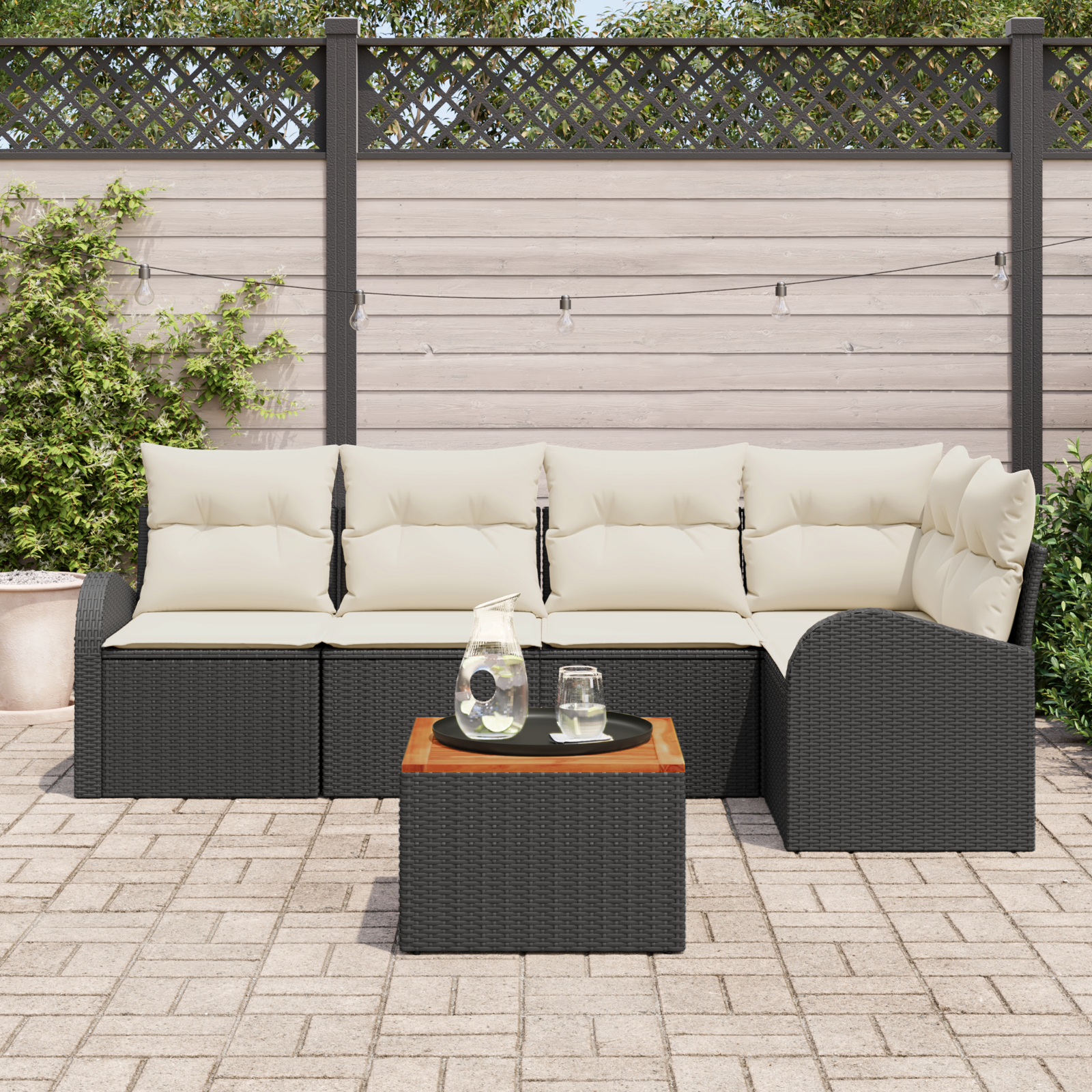 vidaXL 6-delige tuinbankset met kussens - zwart poly rattan, acacia