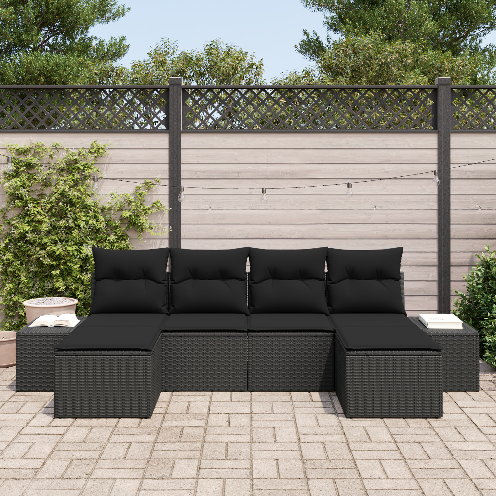 vidaXL 6-delige Tuinbankenset met kussens poly rattan zwart