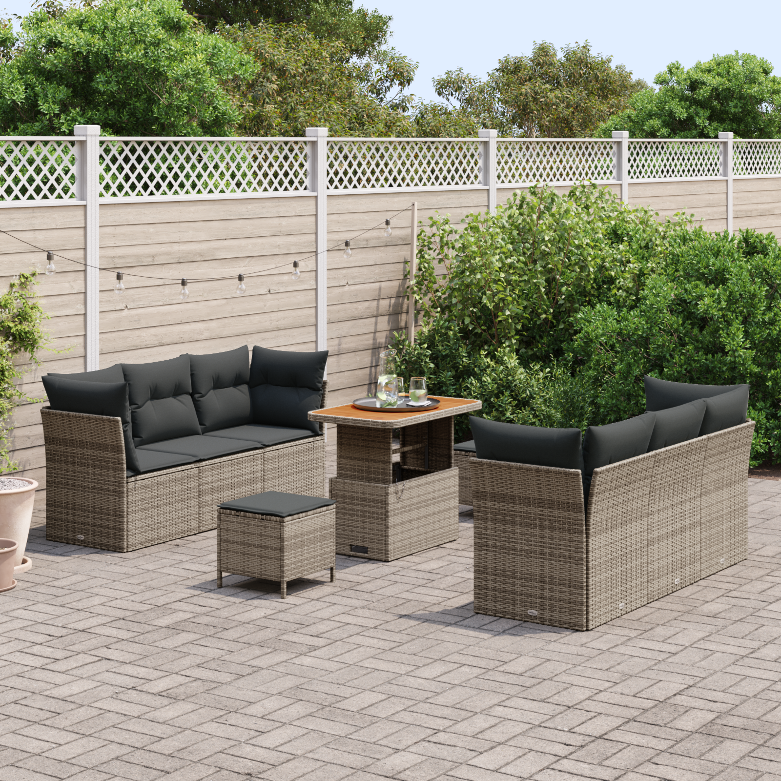 vidaXL 9-delige Tuinbankenset met kussens poly rattan acacia grijs