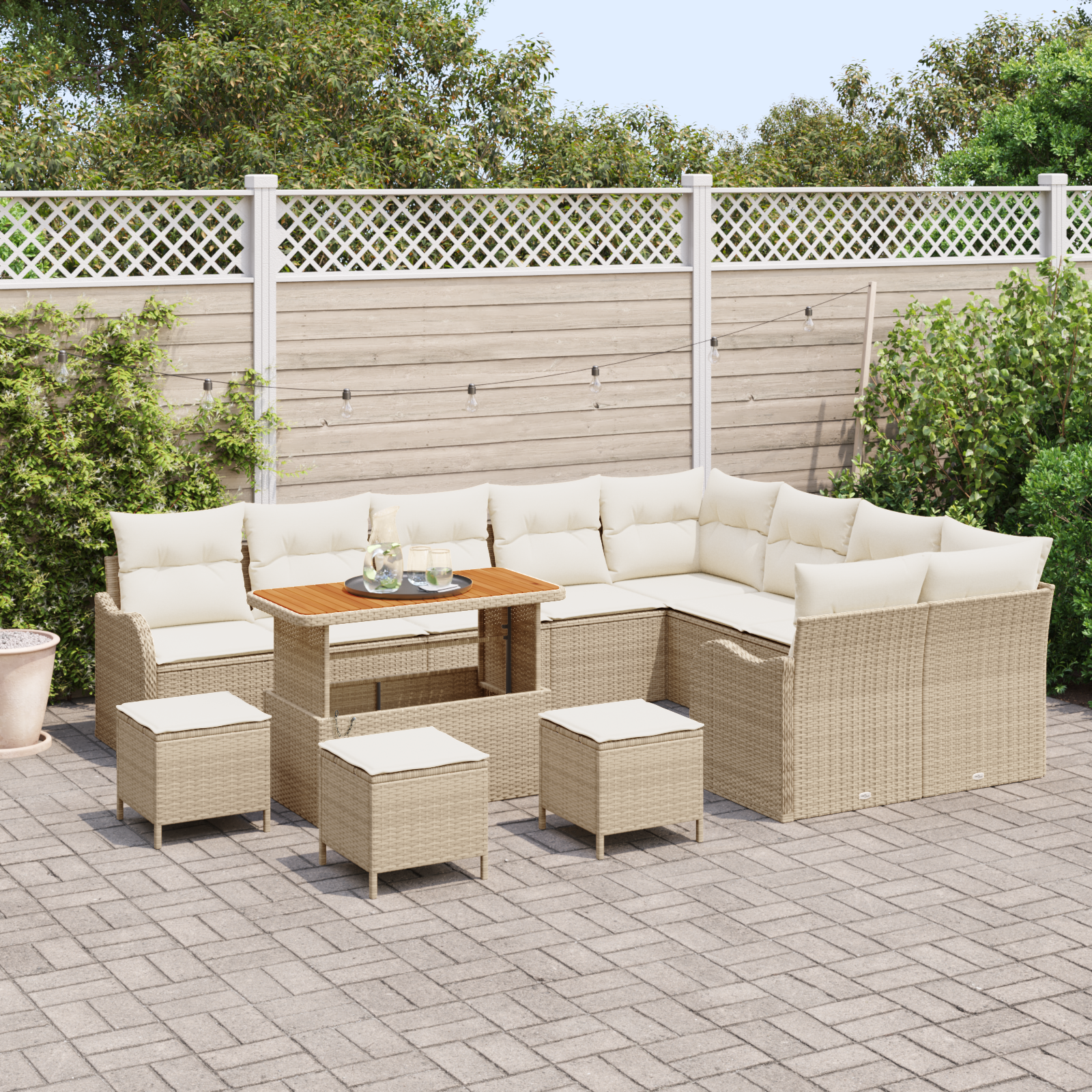 vidaXL 13-delige Tuinbankenset met kussens poly rattan acacia beige