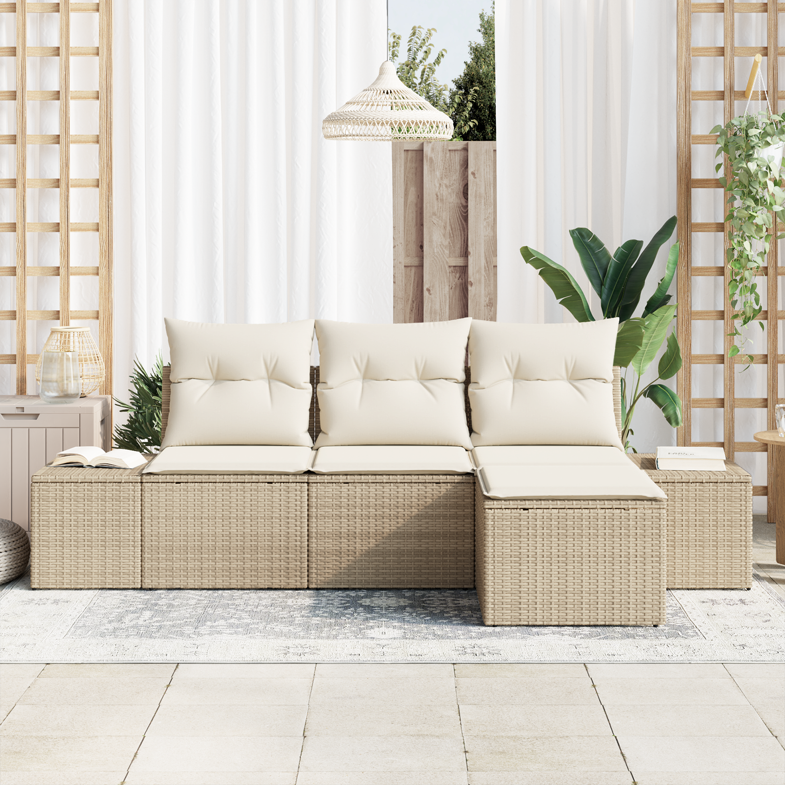 vidaXL 4-delige Tuinbankenset met kussens poly rattan beige