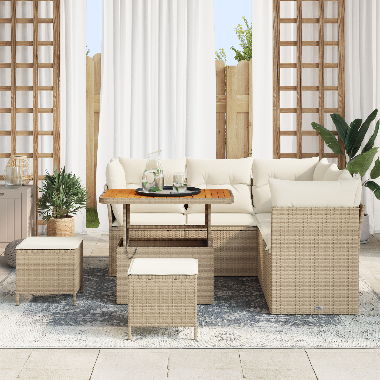 vidaXL 8-delige tuinset met kussens in beige poly rattan en acacia