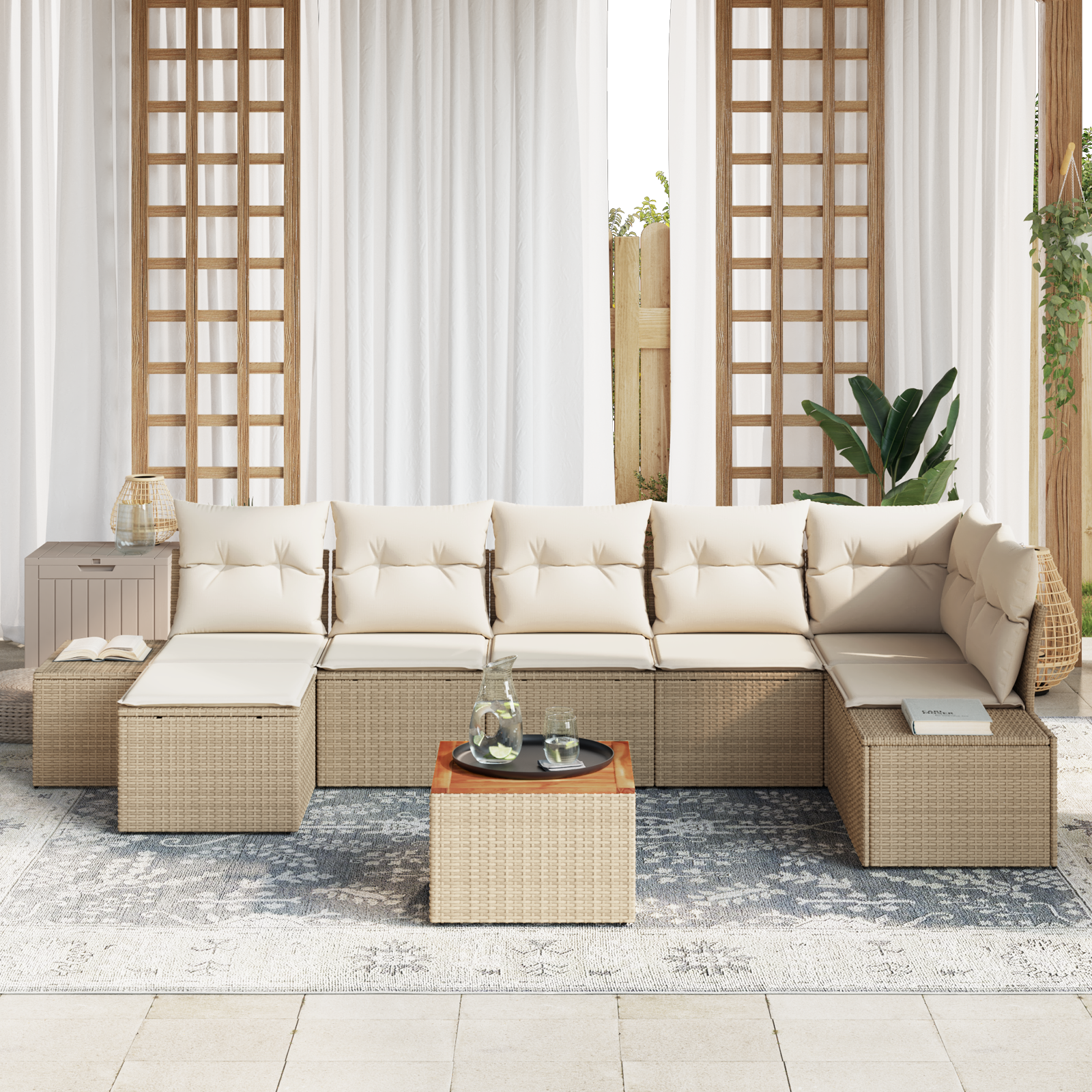 vidaXL 8-delige tuinsofa set met kussens - Beige Poly Rattan en Acacia