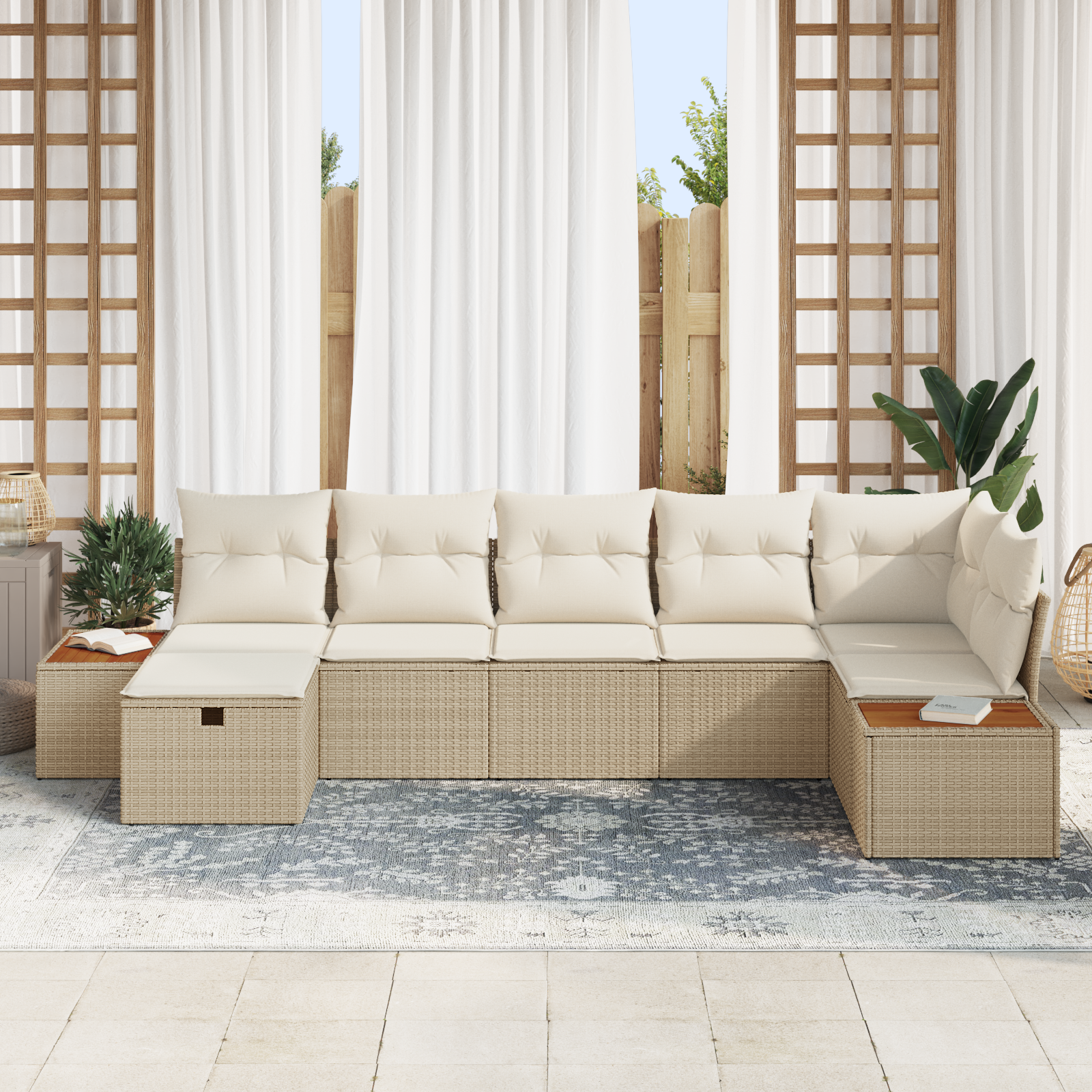 vidaXL 7-delige tuinset met kussens in beige poly riet