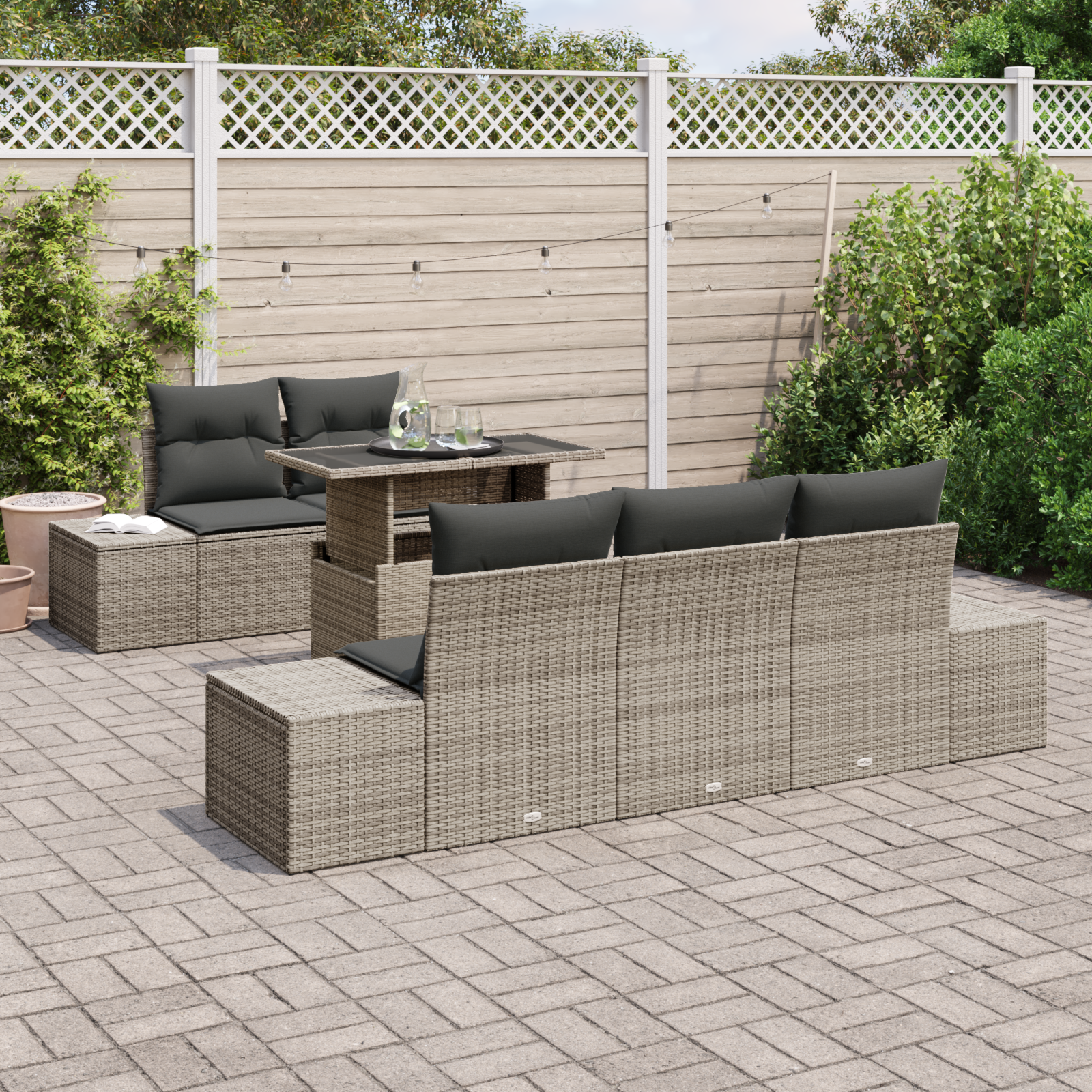 vidaXL 6-delige Tuinbankenset met kussens poly rattan grijs