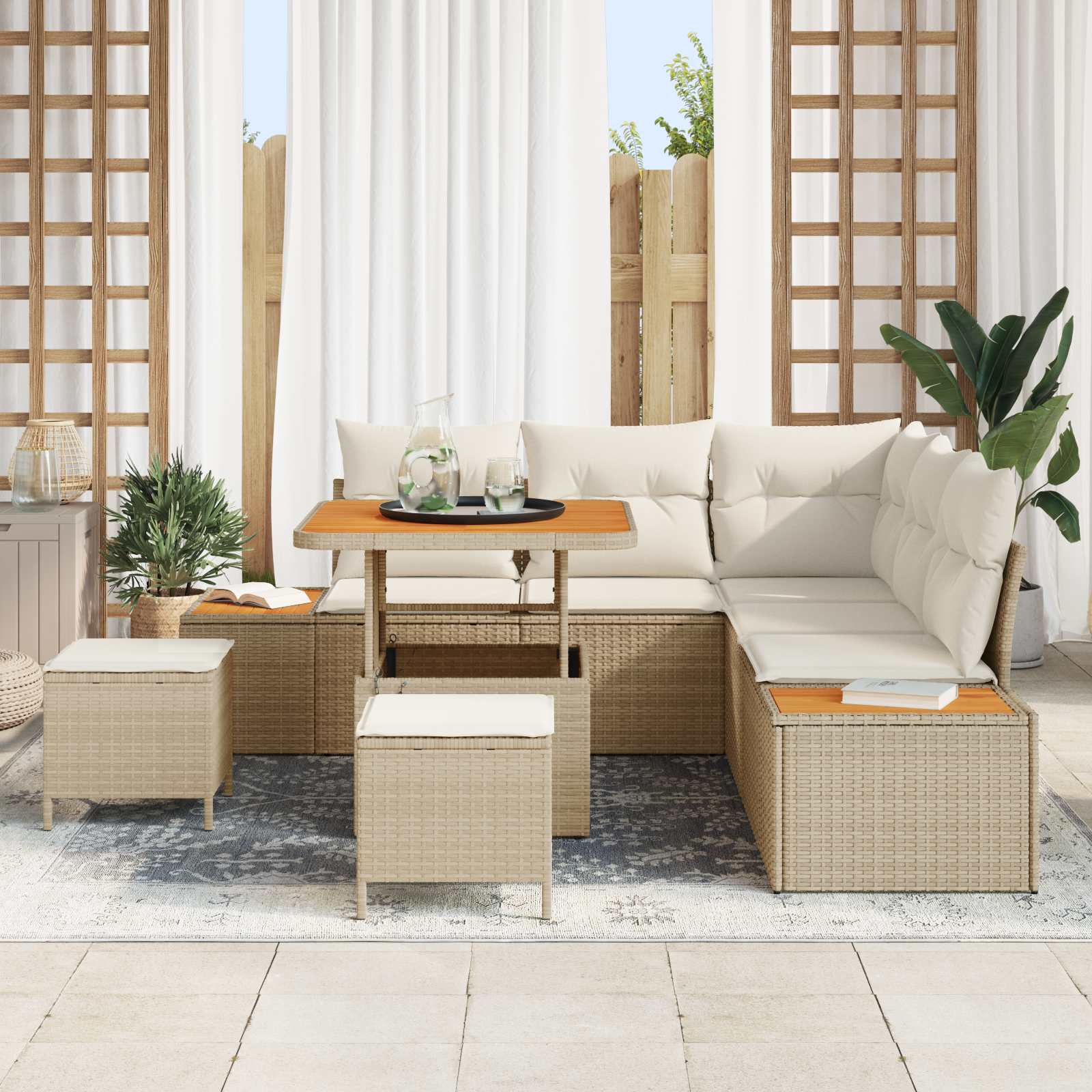 vidaXL 8-delige tuinset met kussens - Beige - Poly Rattan en Acacia