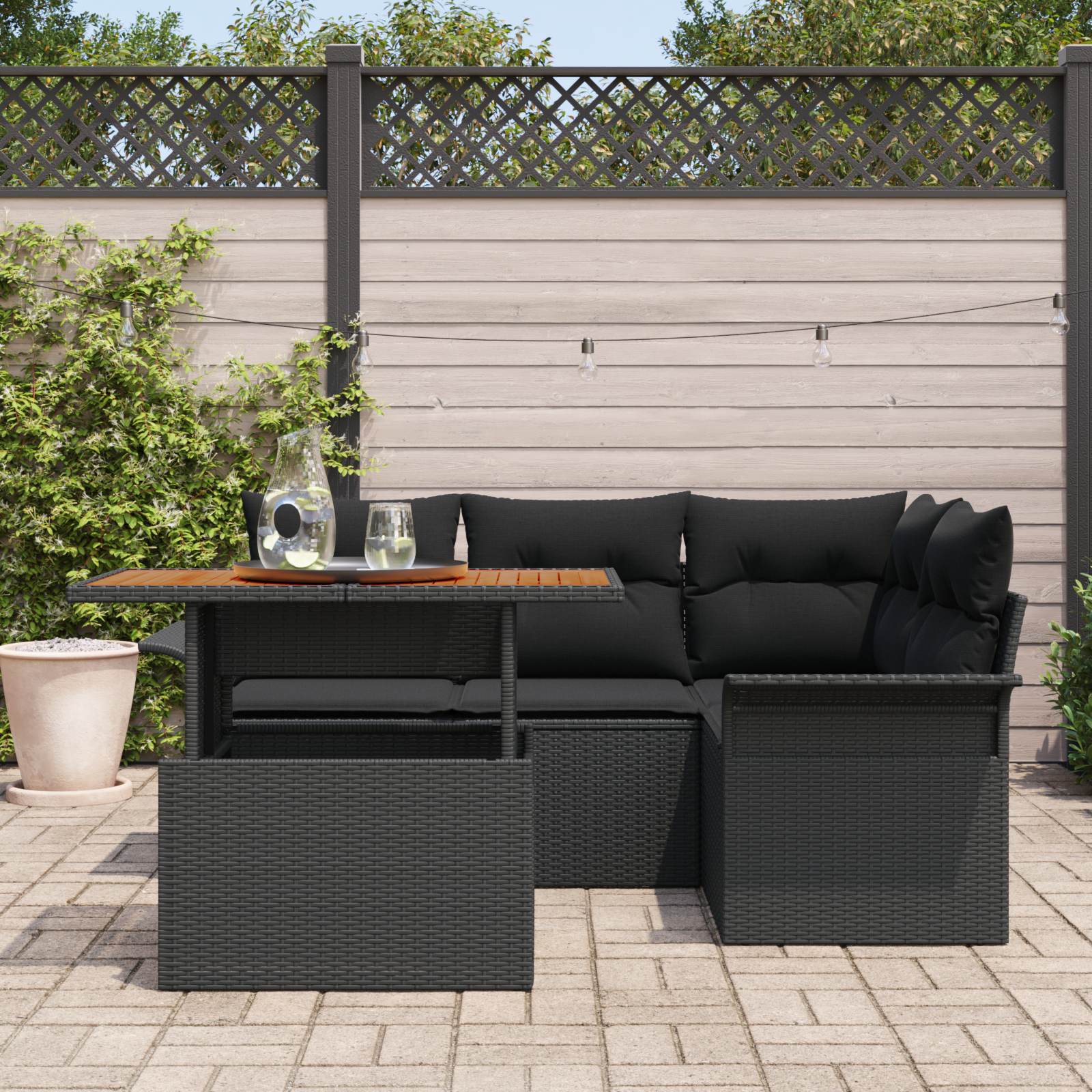 vidaXL 5-delige tuinset met kussens zwart poly rattan acacia