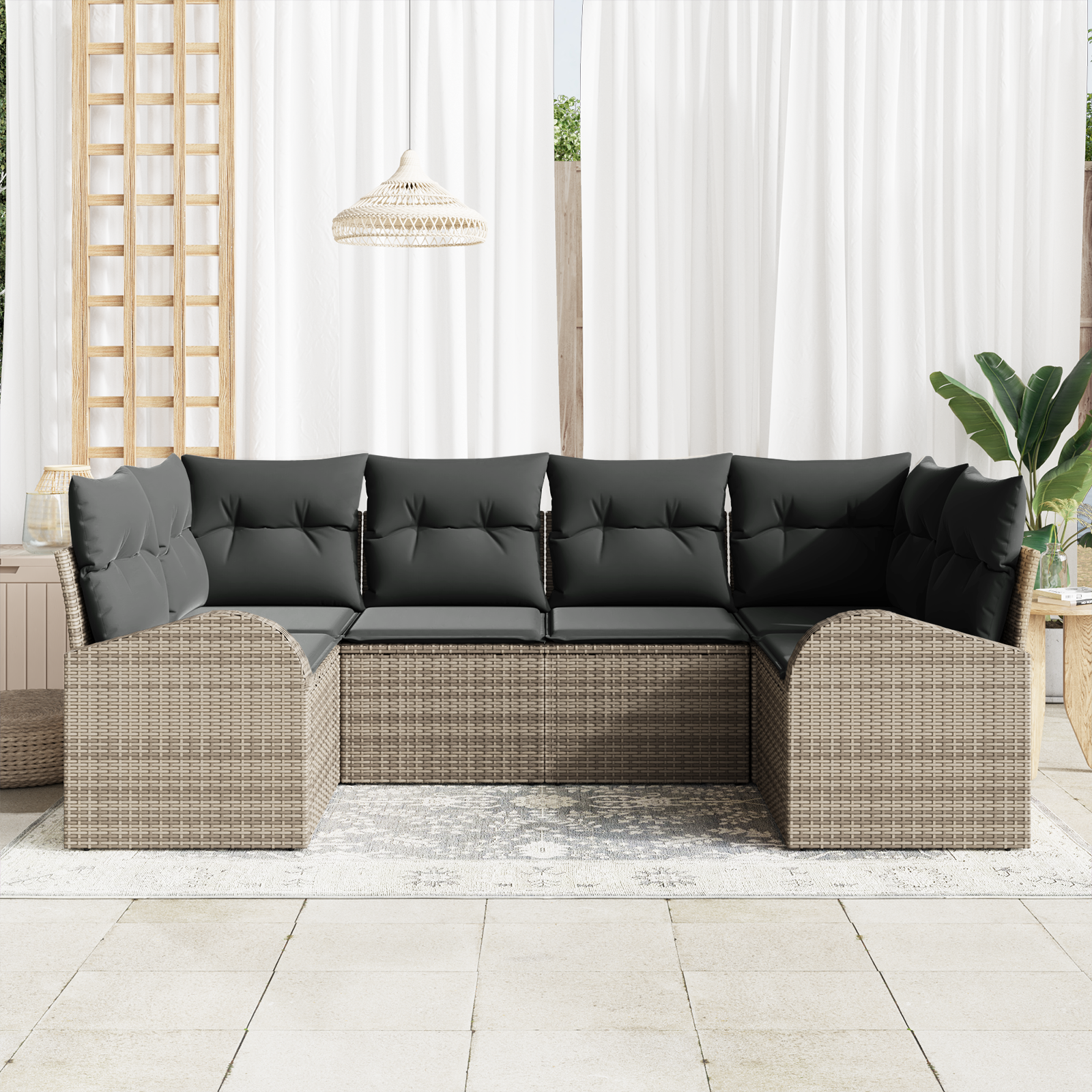 vidaXL 6-delige Tuinbankenset met kussens poly rattan grijs