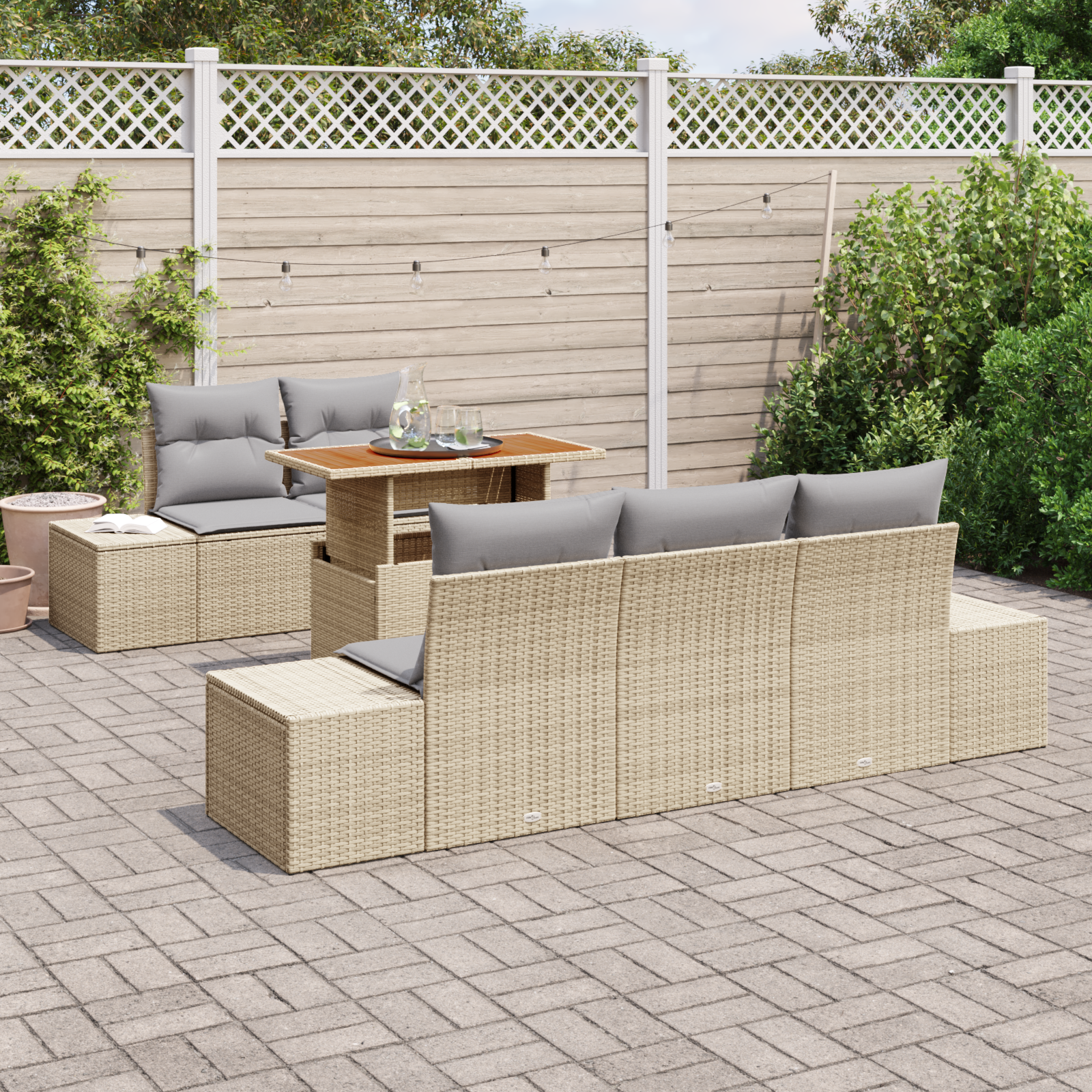 vidaXL 6-delige tuin eettafelset met kussens - beige poly rattan en acacia