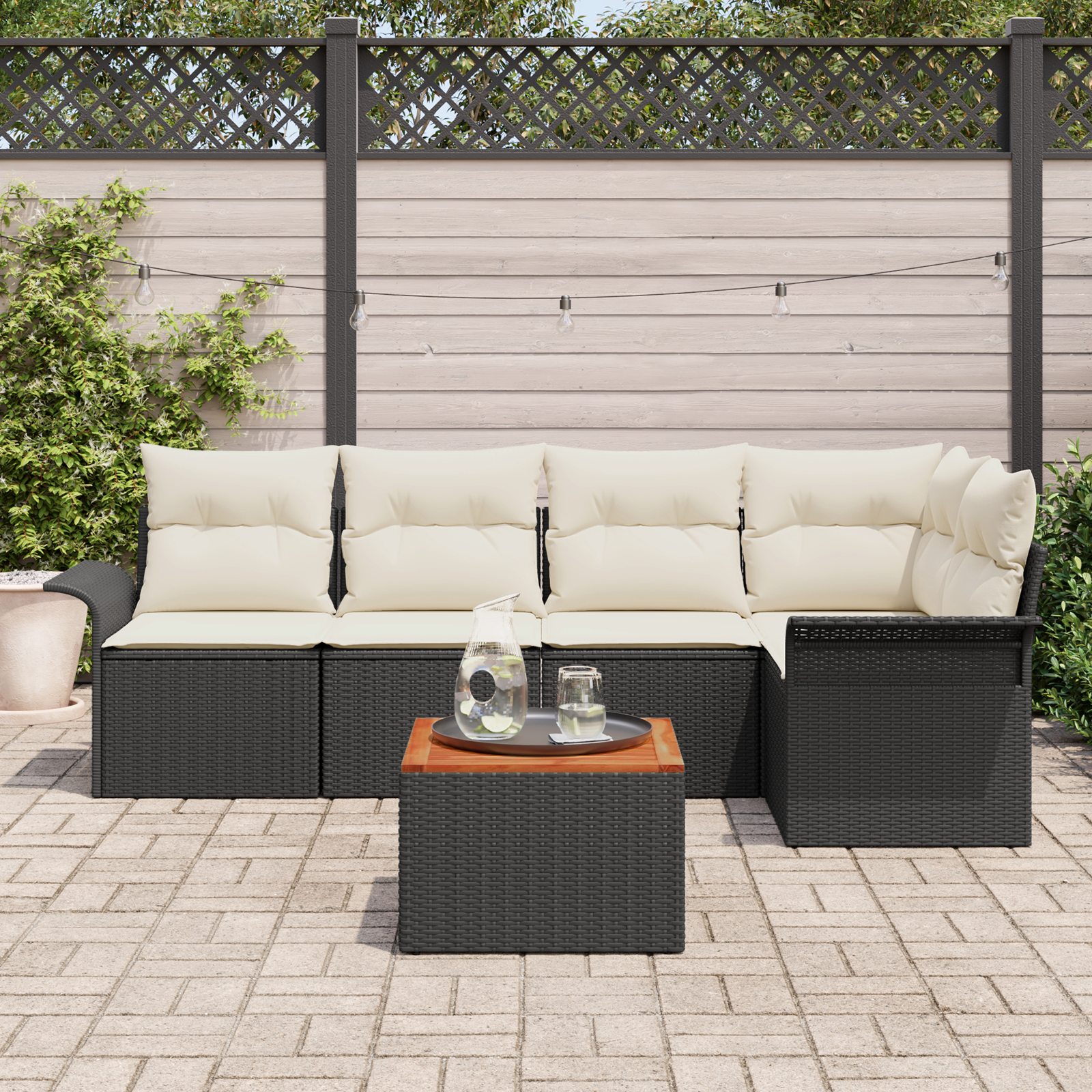 vidaXL 6-delige Tuinbankenset met kussens poly rattan acaciahout zwart