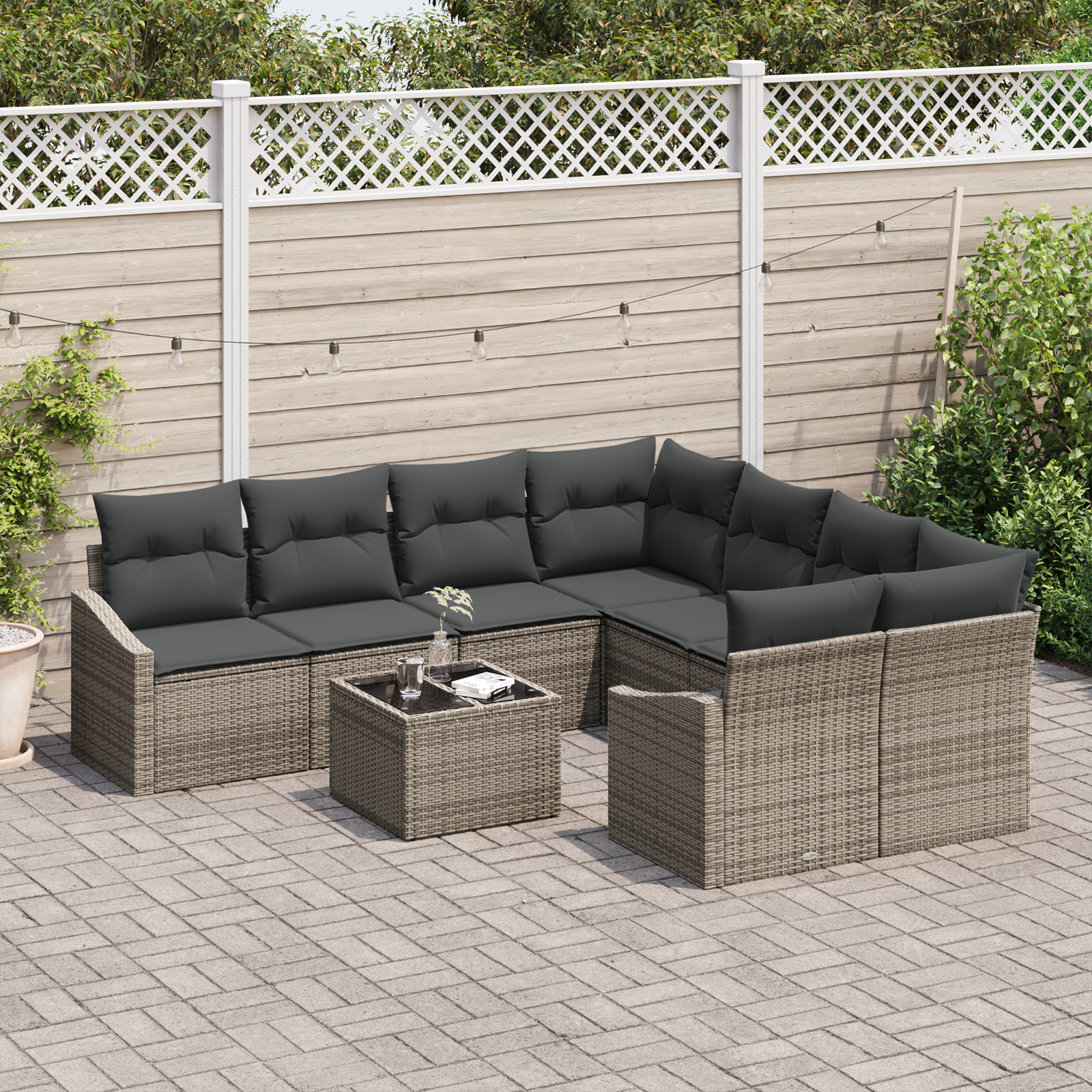 vidaXL 9-delige Tuinbankenset met kussens poly rattan grijs