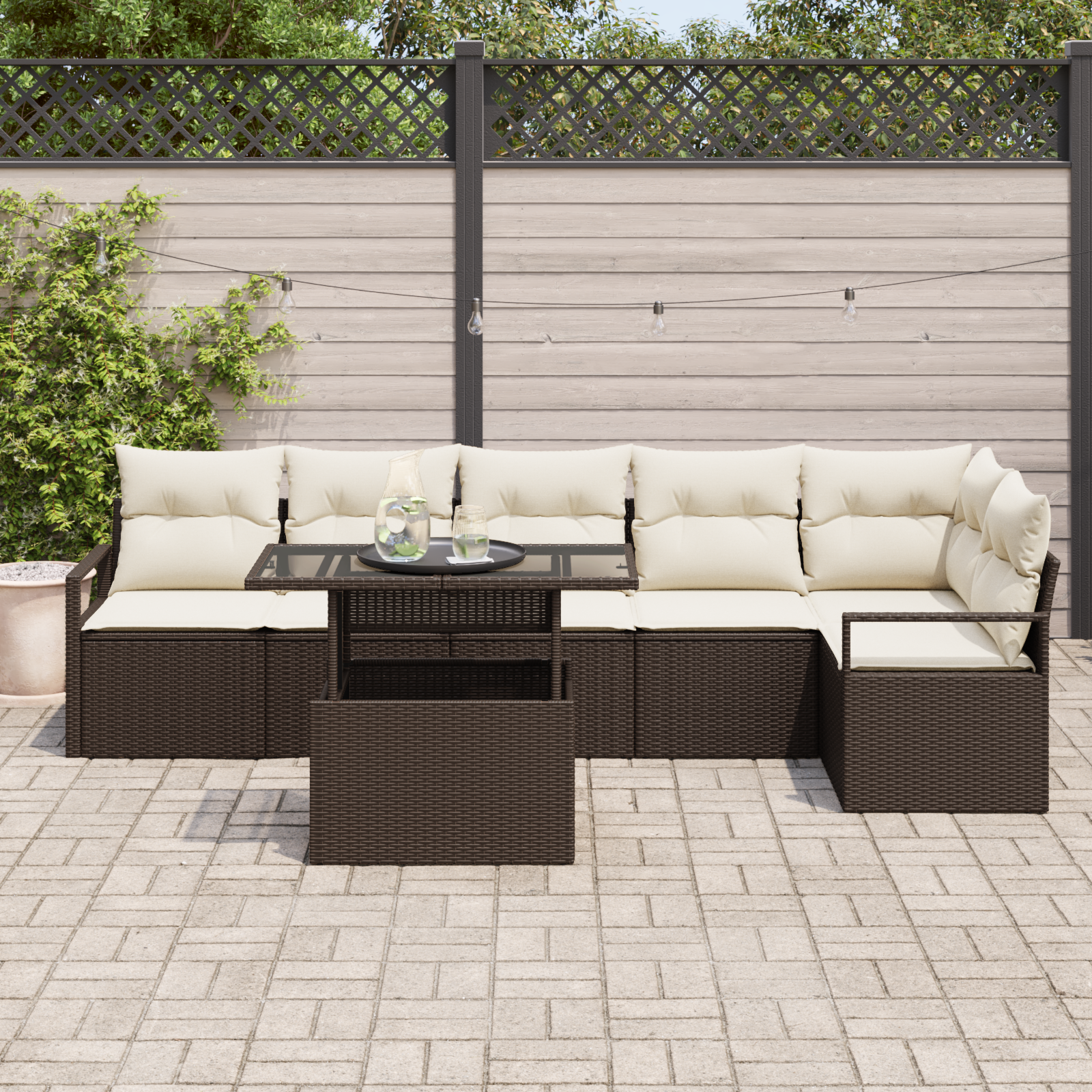 vidaXL 7-delige Tuinbankenset met kussens poly rattan bruin