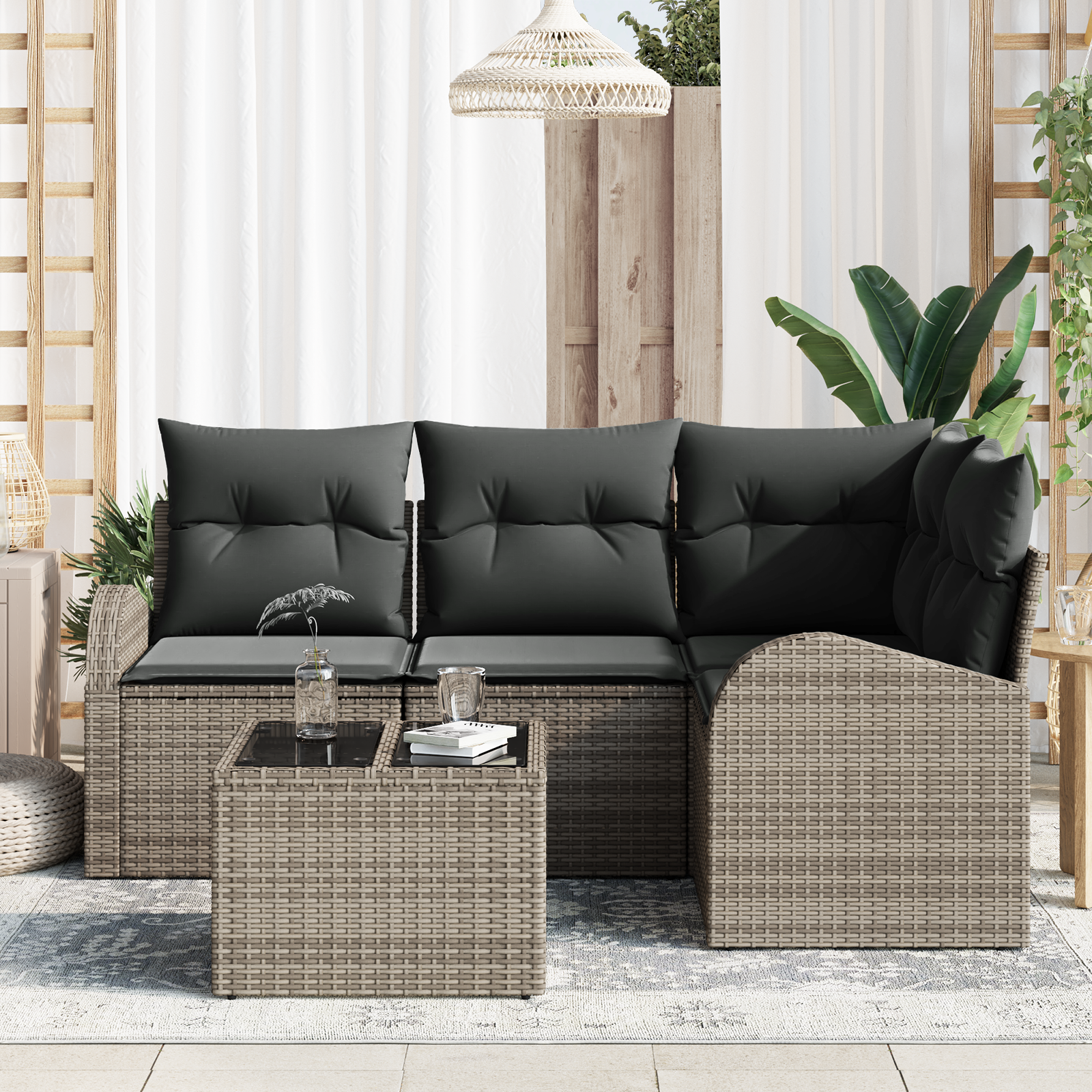 vidaXL 4-delige Tuinbank Set met Kussens - Zwart Poly Rattan