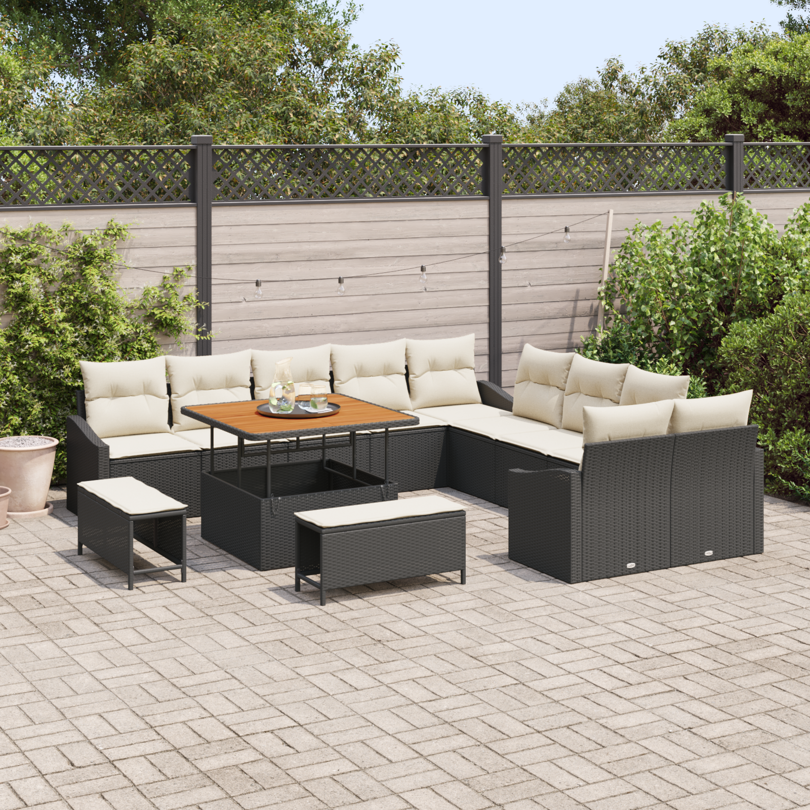 vidaXL 13-delige tuinset met kussens zwart poly rattan en acaciahout