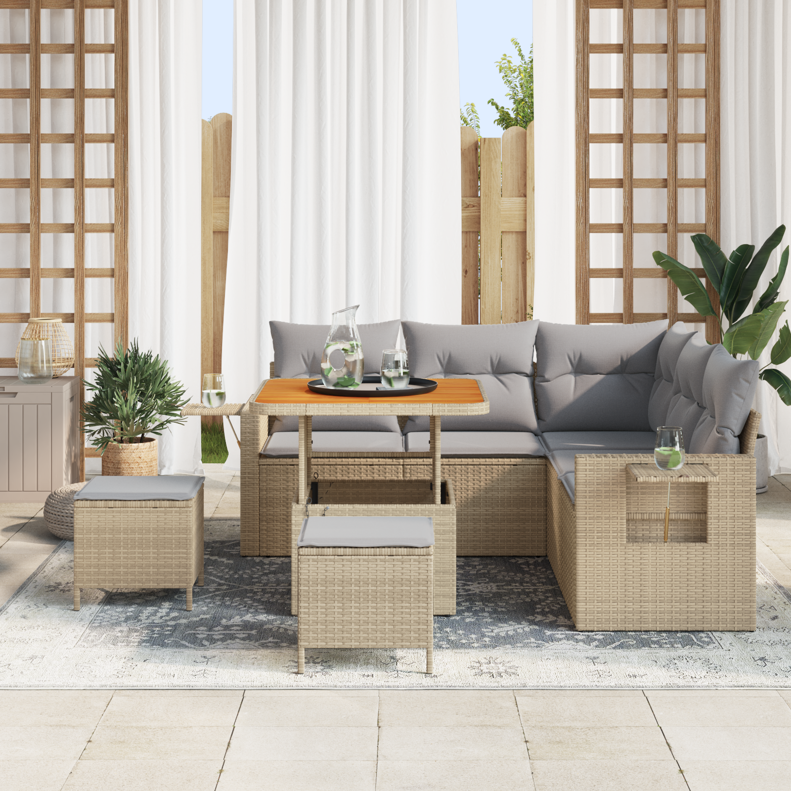 vidaXL 8-delige Tuinbankenset met kussens poly rattan acacia beige