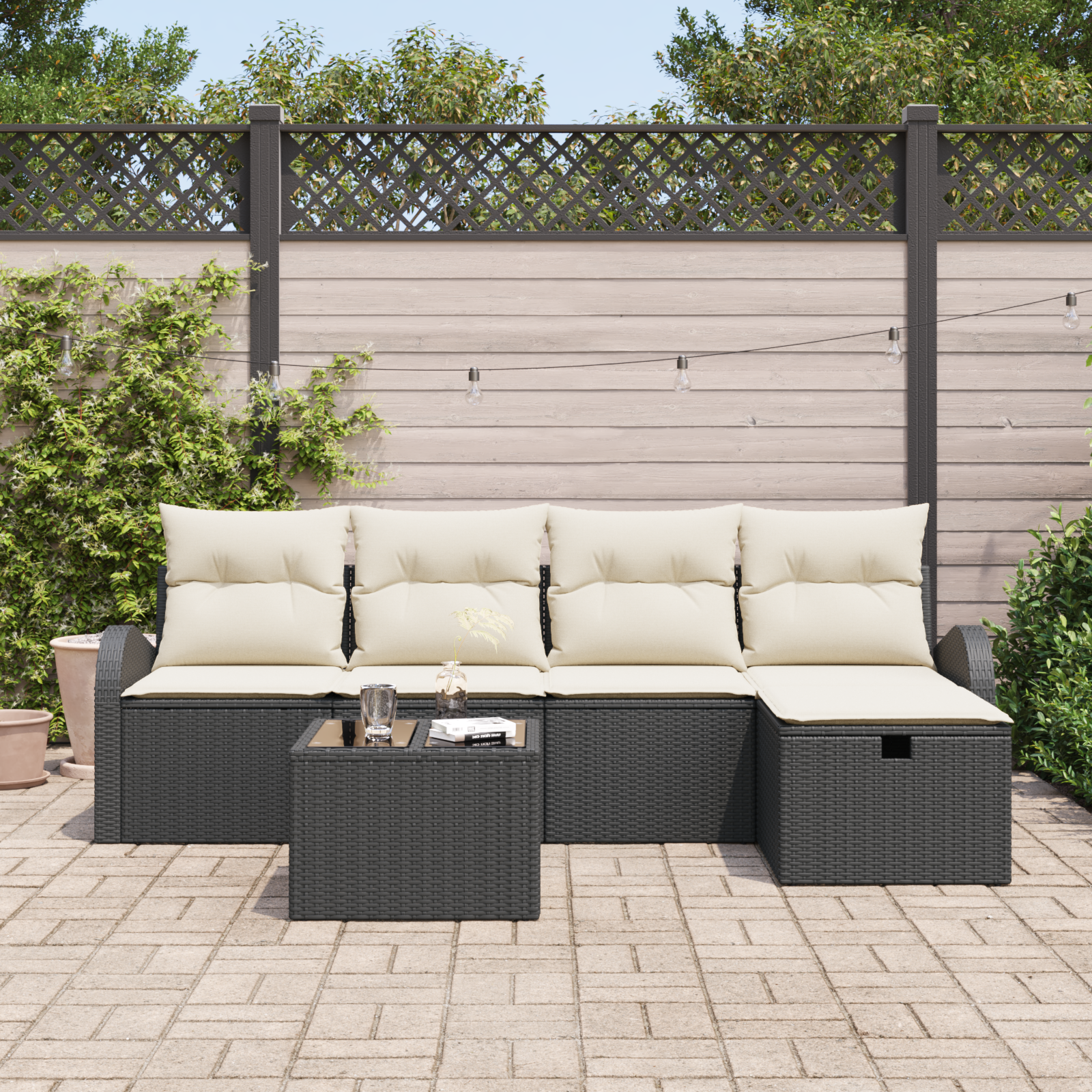 vidaXL 6-delige Tuinbankenset met kussens poly rattan zwart