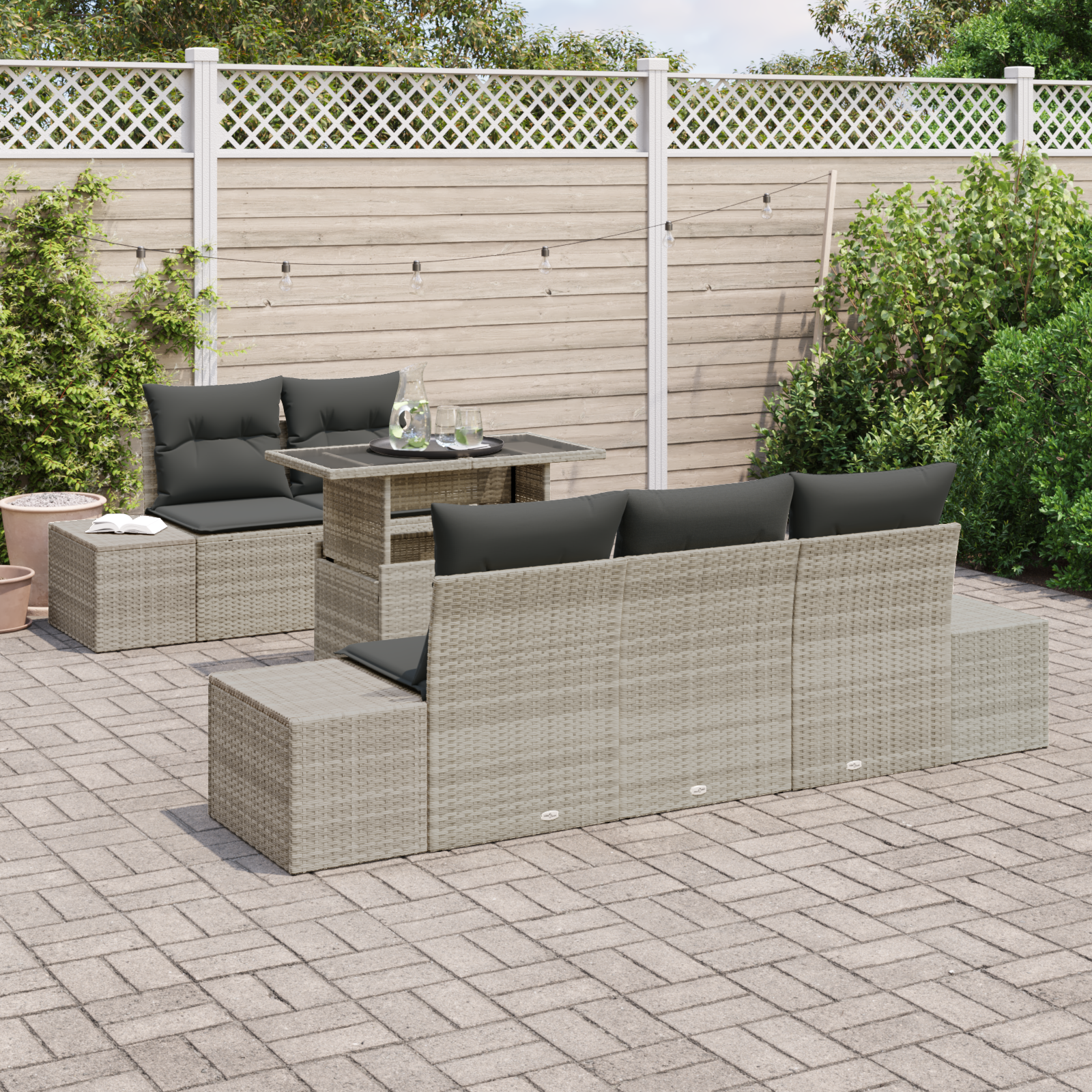 vidaXL 6-delige Tuinbankenset met kussens poly rattan lichtgrijs
