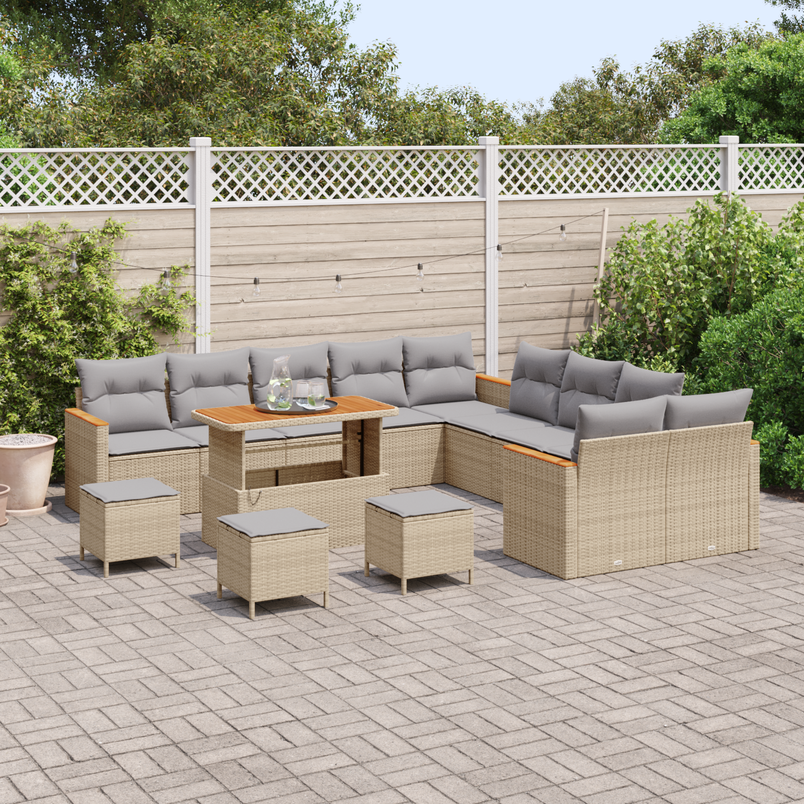vidaXL 14-delige Tuinbankenset met kussens poly rattan acacia beige