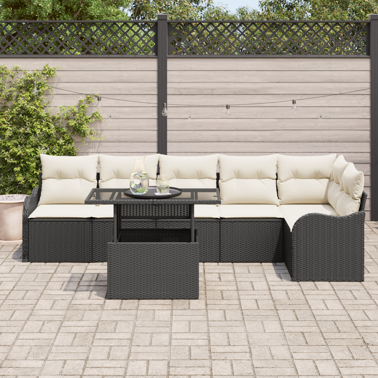 vidaXL 7-delige Tuinbankenset met kussens poly rattan zwart