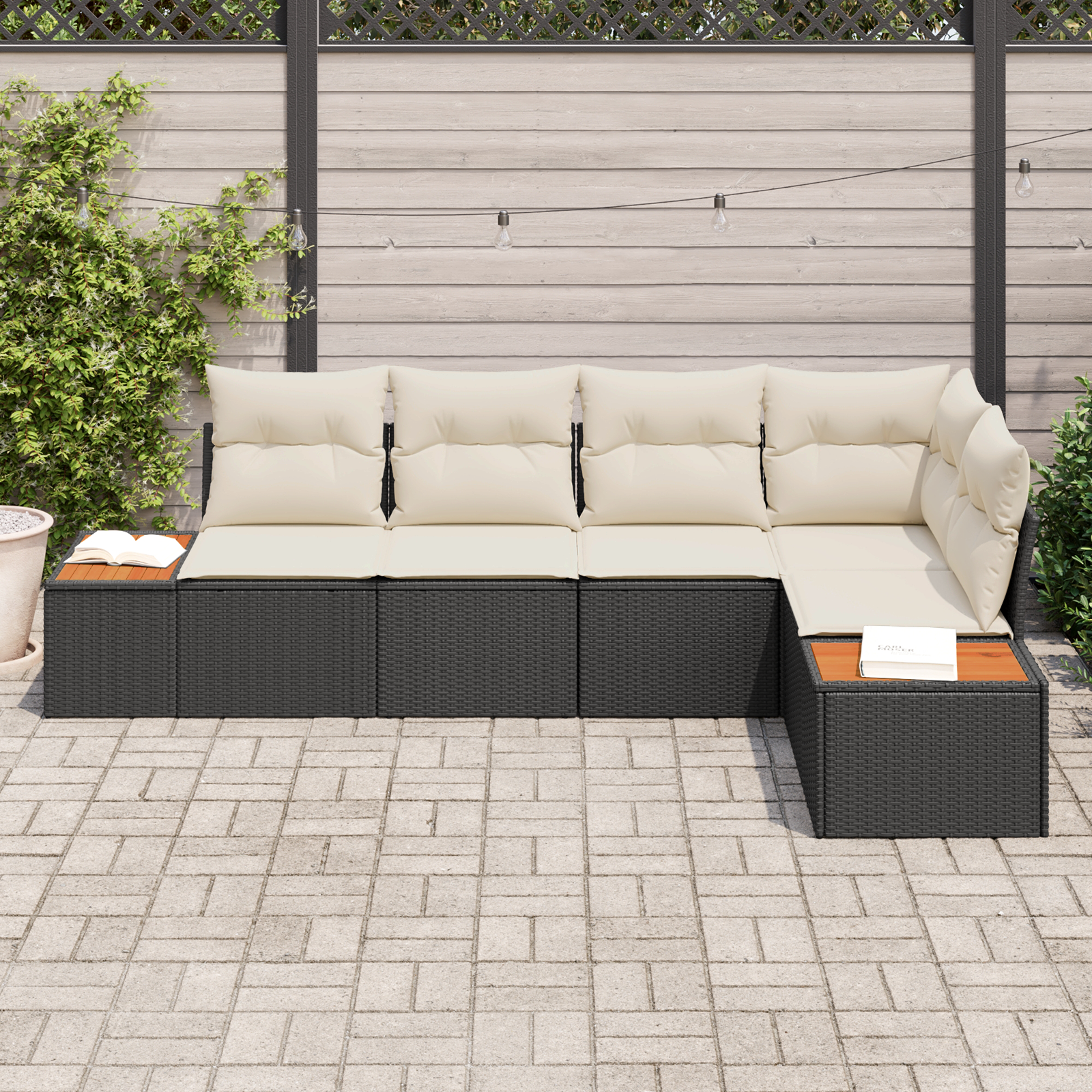 vidaXL 5-delige Tuinbankenset met kussens poly rattan acacia zwart