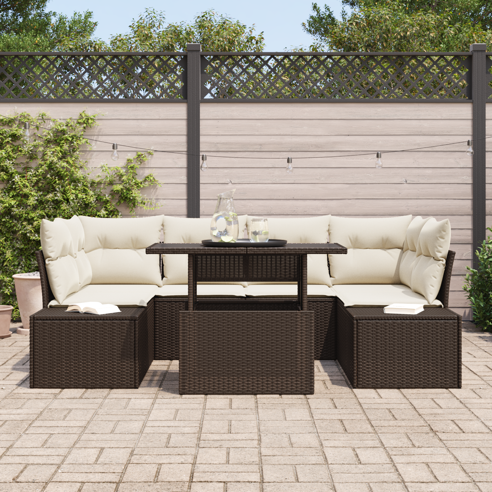 vidaXL 7-delige Tuinbankenset met kussens poly rattan bruin