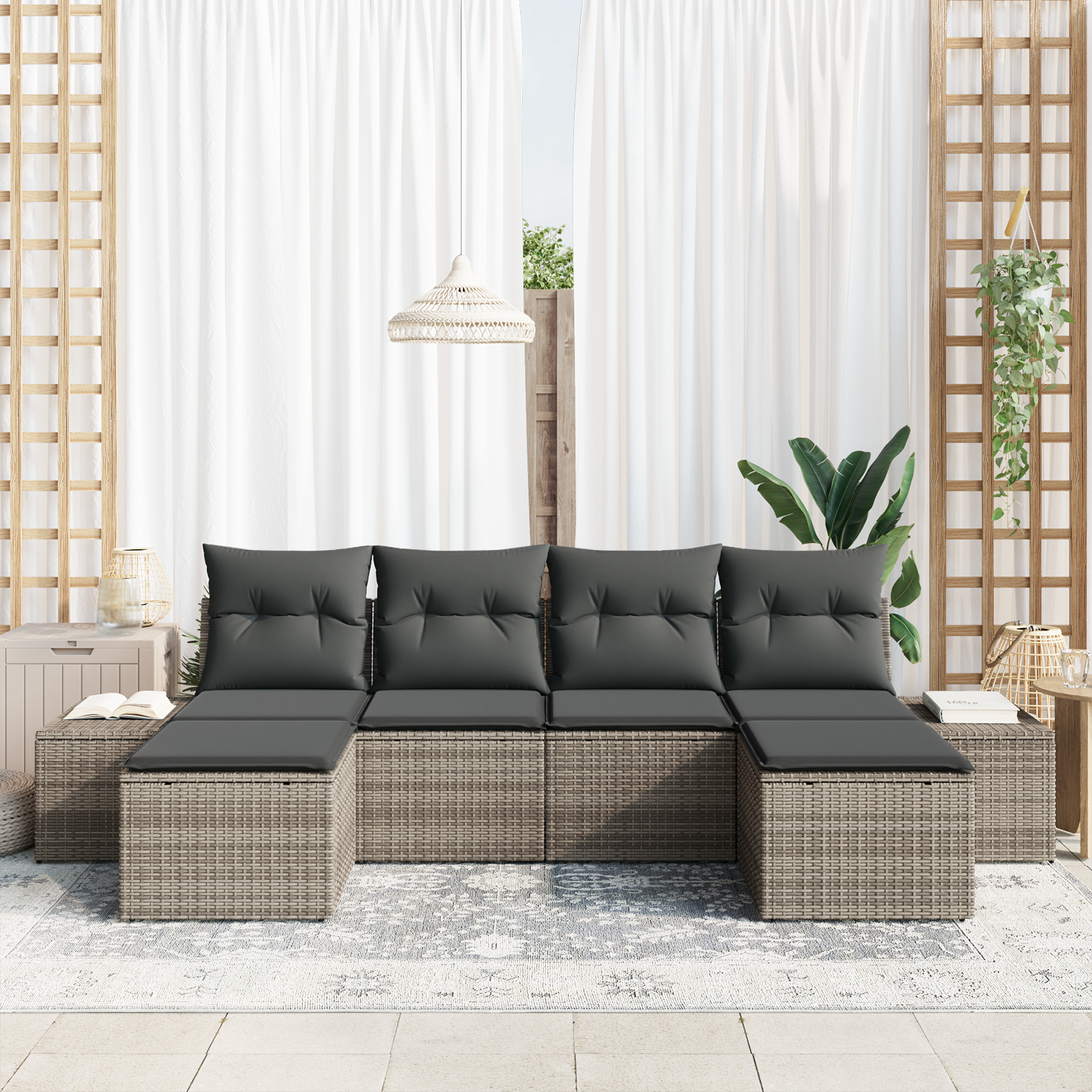 vidaXL 6-delige Tuinbankenset met kussens poly rattan grijs