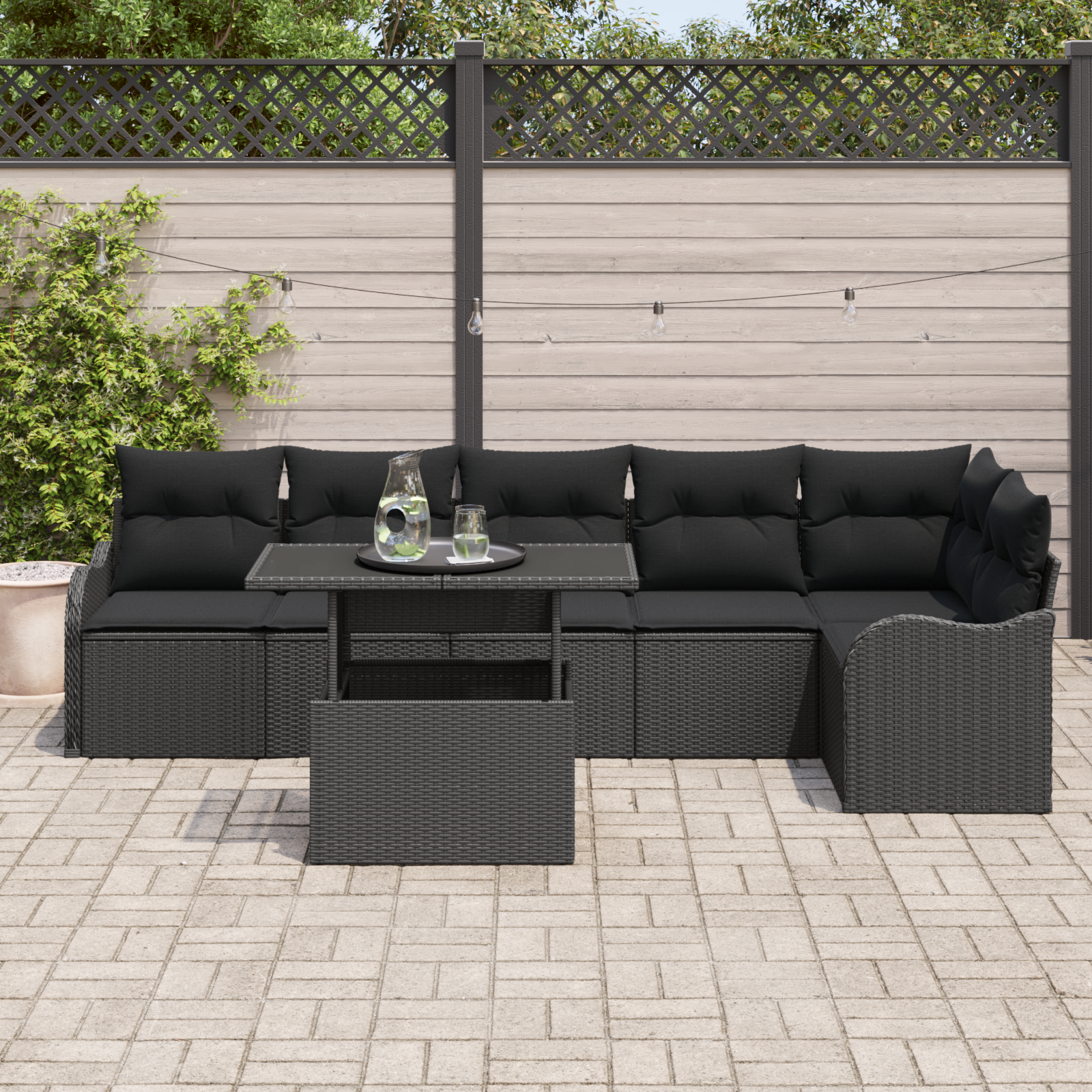 vidaXL 7-delige tuinset met kussens zwart poly rattan