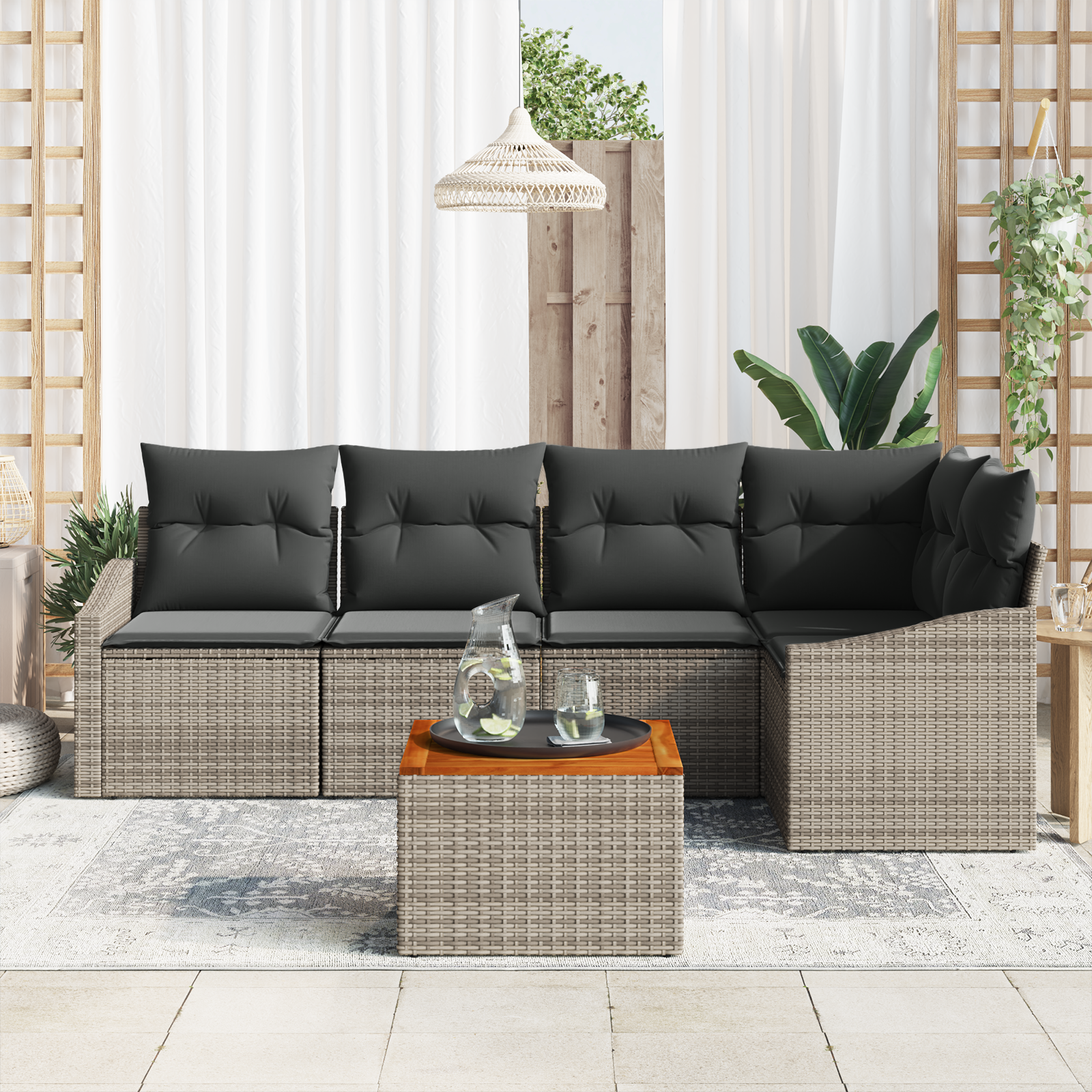 vidaXL 6-delige tuinsofa set met kussens in grijs poly rattan en acacia